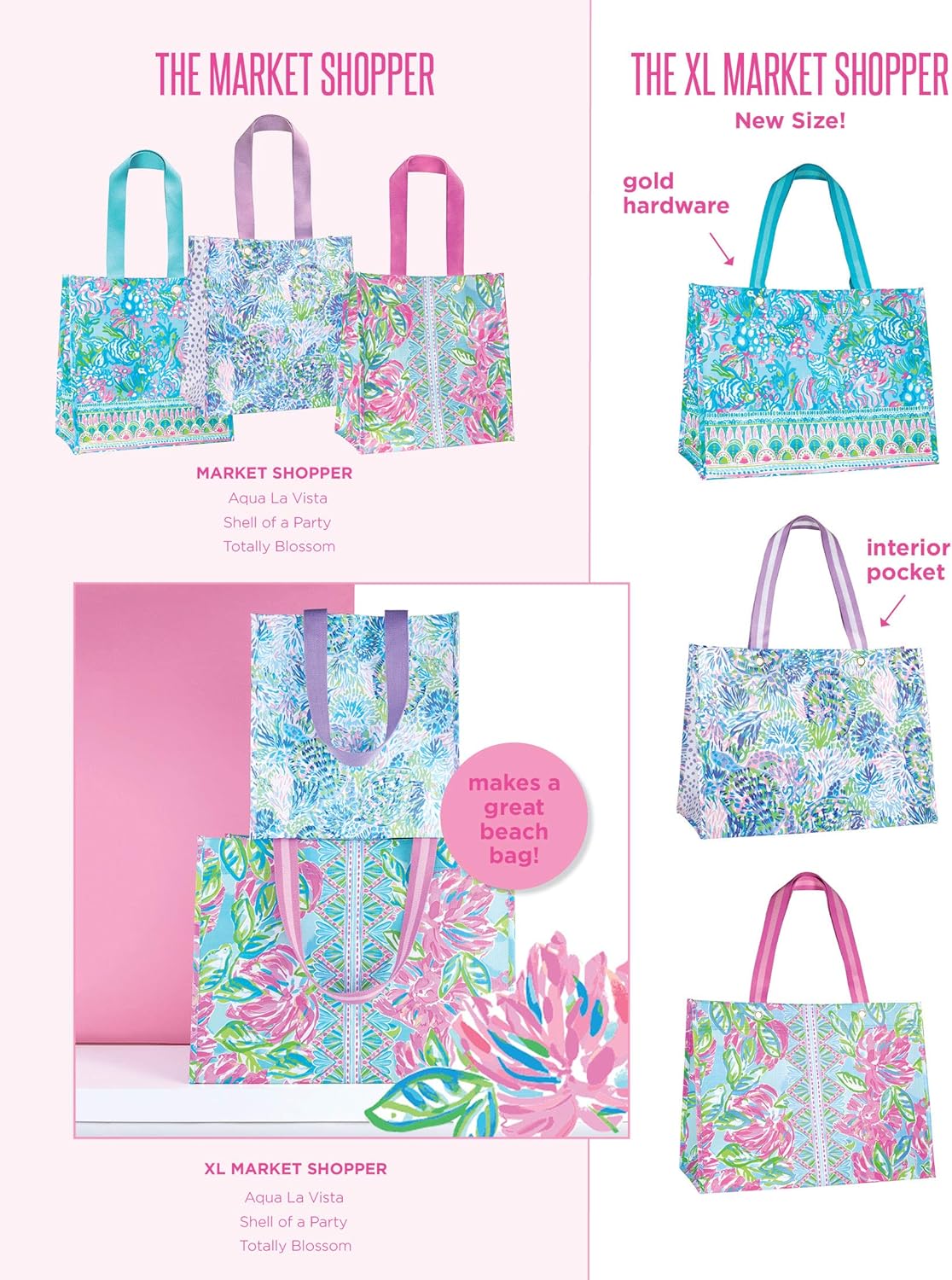 Lilly Pulitzer Pink/Green Market Shopper Bag, Reusable Grocery Tote with Comfortable Shoulder Straps, Totally Blossom
