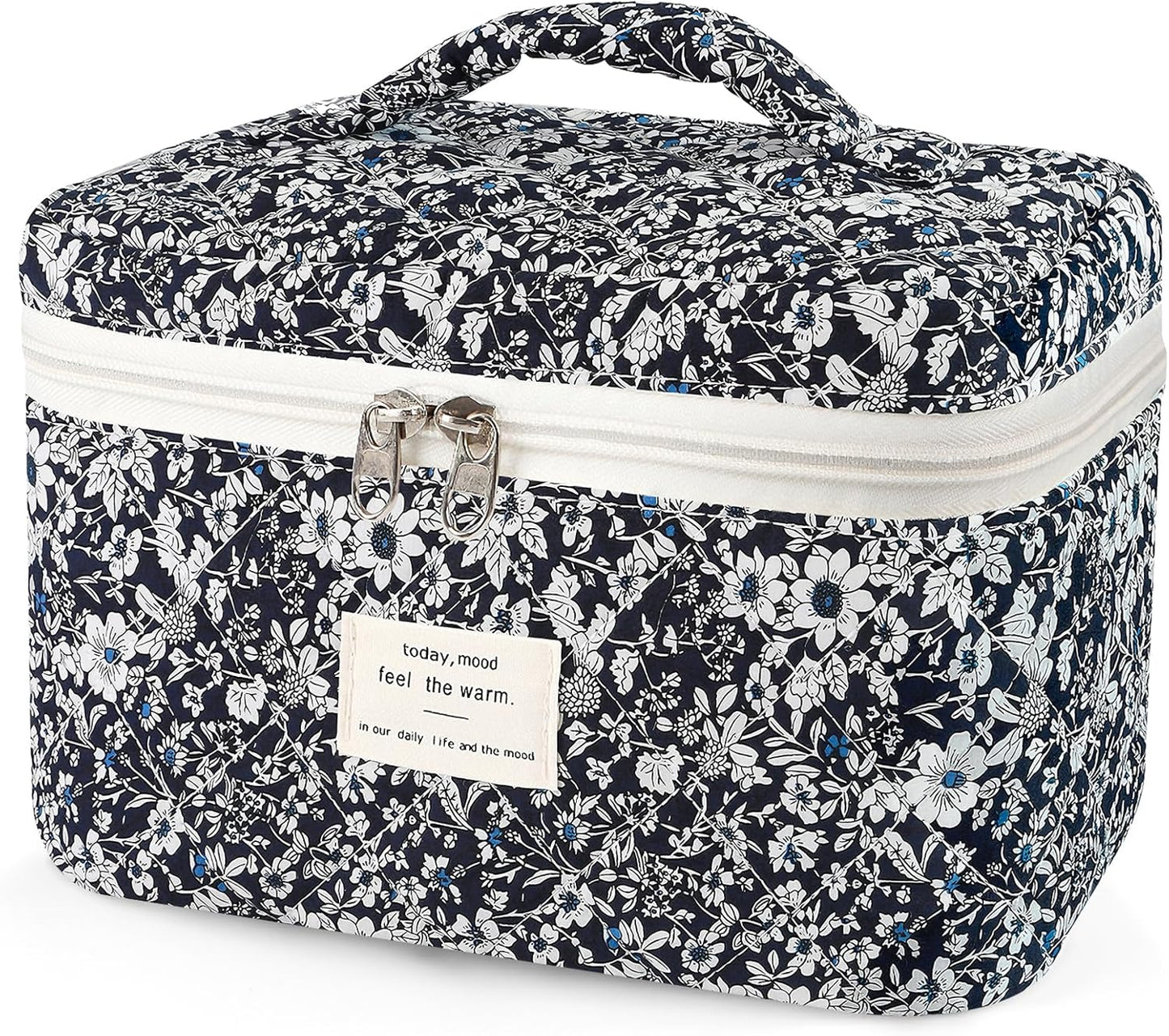 Large Travel Quilted Makeup Bag for Women, Floral Cotton Cosmetic Bag Cute Coquette Aesthetic Floral Toiletry Organizer Bag for Girls Little Black Rose Cosmetic Zipper Storage Bag