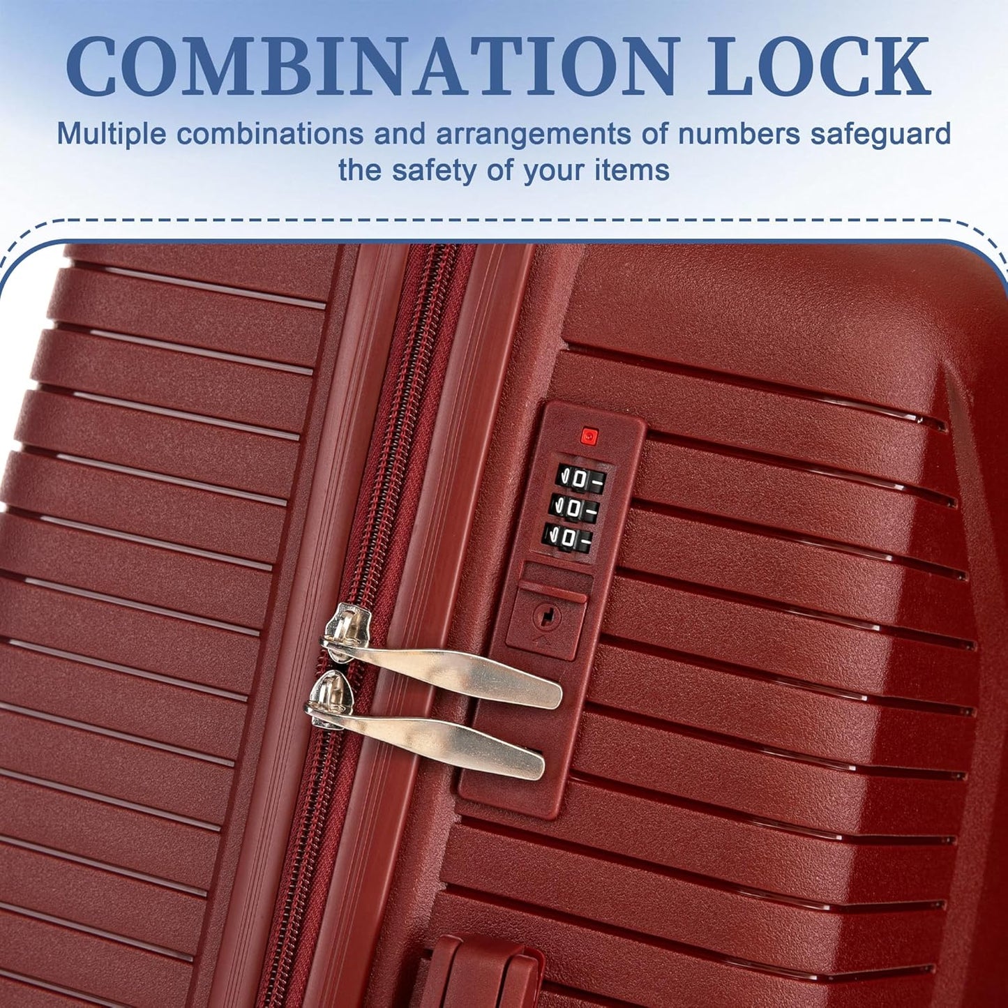 Campfun 3 Piece Luggage Sets, PP Suitcase Set with Double Spinner Wheels Hang Hook, Durable Carry On Luggage with Combination Lock, 20/24/28 inch, Red