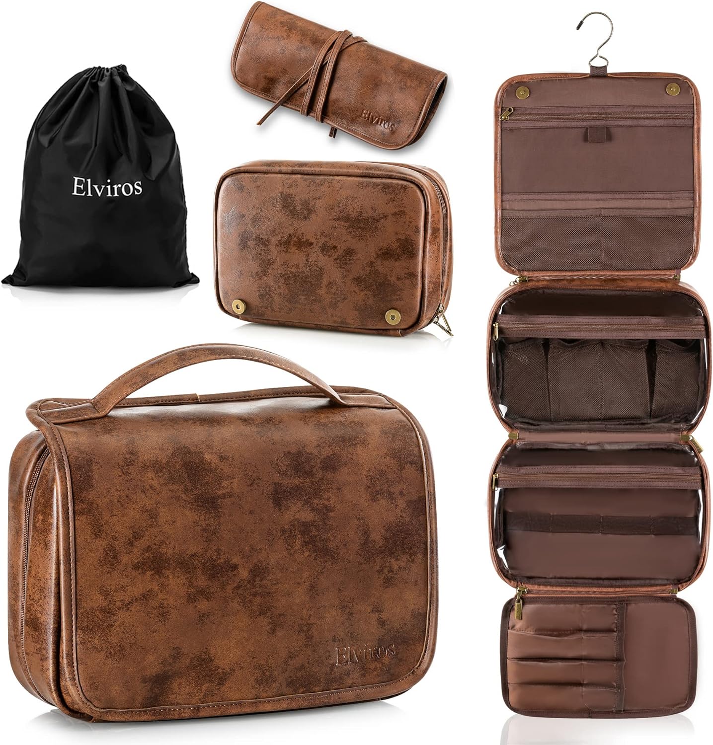 Elviros Hanging Toiletry Bag Removable Travel Bag PU leather Makeup Cosmetic Organizer Kit, Dark Brown