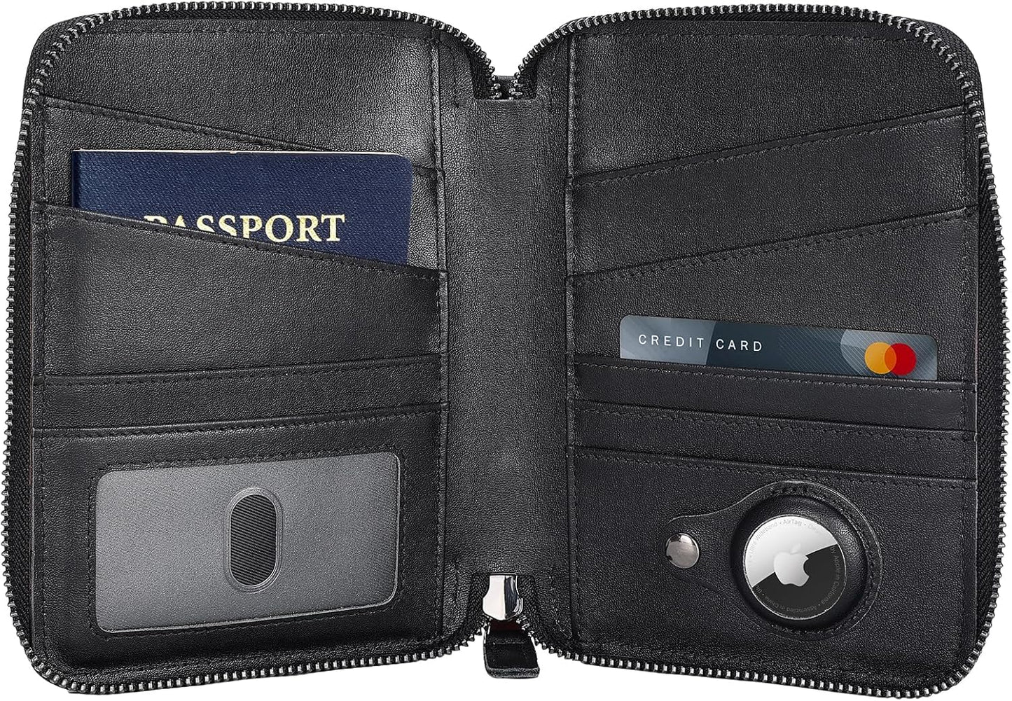 Polare Napa Leather Family Passport Wallet for 4 Passports, RFID Blocking Bifold Passport Cover Travel Document Organizer Holder (Black with AirTag Slot)