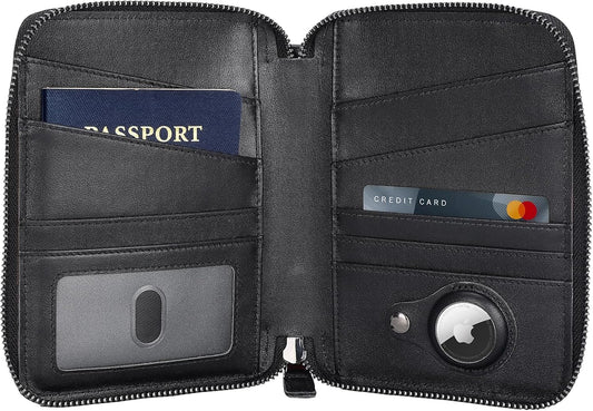 Polare Napa Leather Family Passport Wallet for 4 Passports, RFID Blocking Bifold Passport Cover Travel Document Organizer Holder (Black with AirTag Slot)