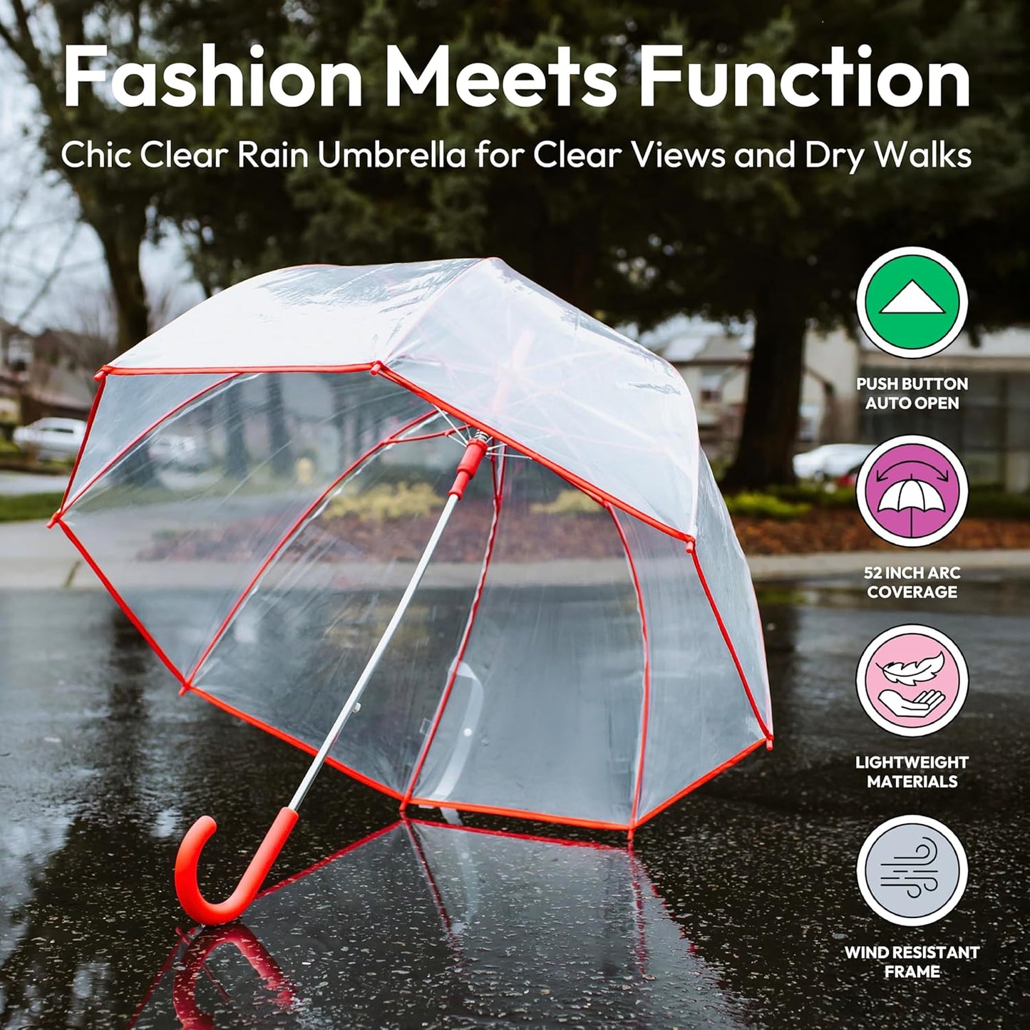 Weather Station Clear Dome Rain Umbrella - Automatic Open, Bubble, Transparent, Red Trim