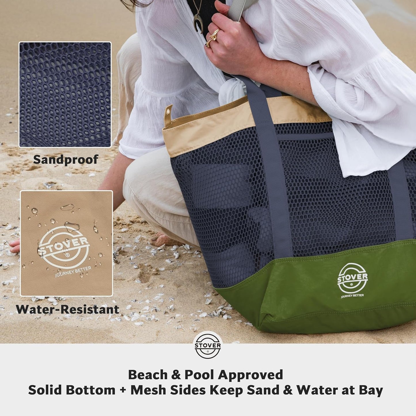 STOVER Large Mesh Beach Bag, Vacation, Pool, Shopping, & Travel Tote - Foldable w/Storage Pockets for Women, Men & Families