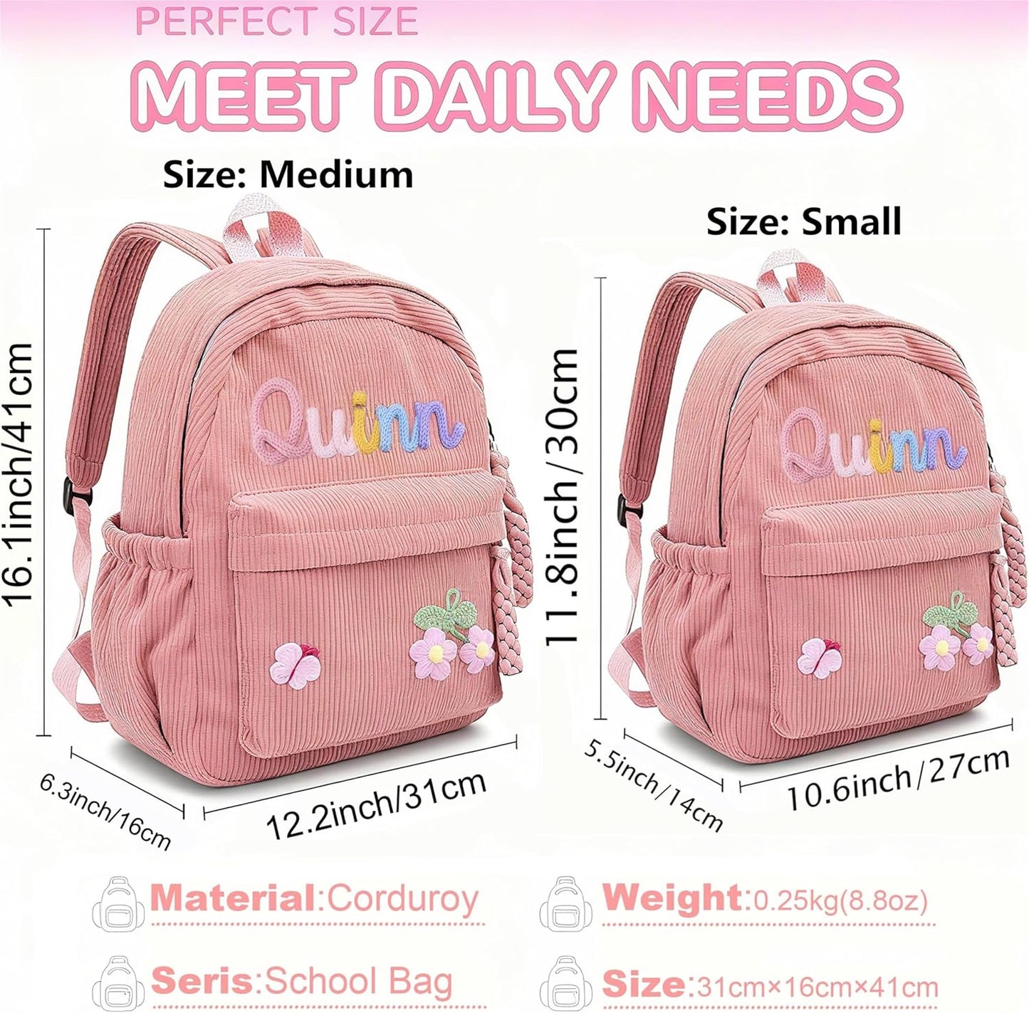Personalized Corduroy Kids Backpack, Custom Name School Bag with Decorative Stitching, Toddler BackPack, Back to School Gift, Available in M and S sizes (Pink)