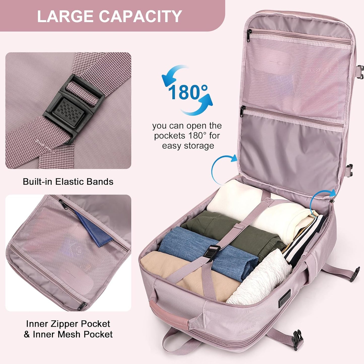 PIJUSHI Travel Backpack for Women Expandable Carry on Luggage Backpack Airline Approved Personal Item Laptop Bag(PE034 Light Purple)