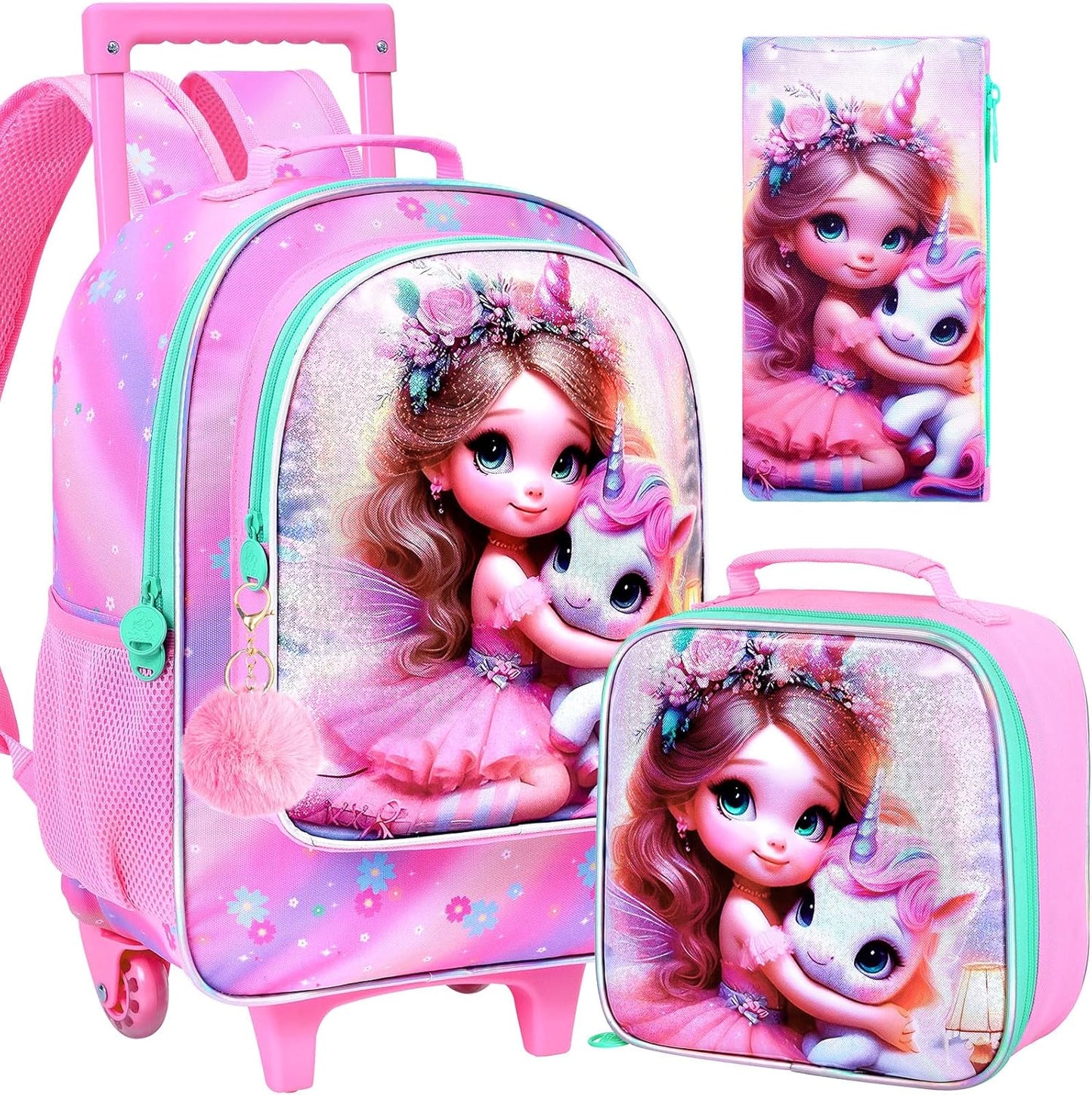 3PCS Rolling Backpack for Girls and Boys, Kids Roller Wheels Bookbag, Wheeled Elementary School Bag with Lunch Bag