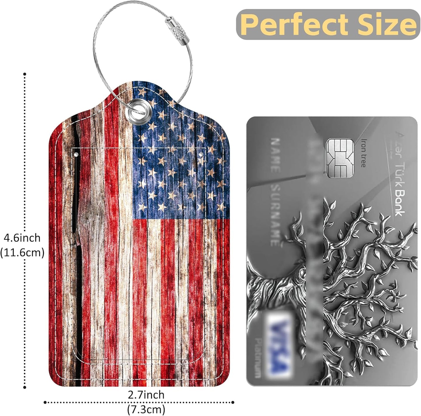 2 Pack Luggage Tags for Suitcase USA Flag on The Old Cracked Wood Leather Stainless Steel Loop Label Tags for Women Men Travel Bag Suitcase with Privacy Cover Name ID Card
