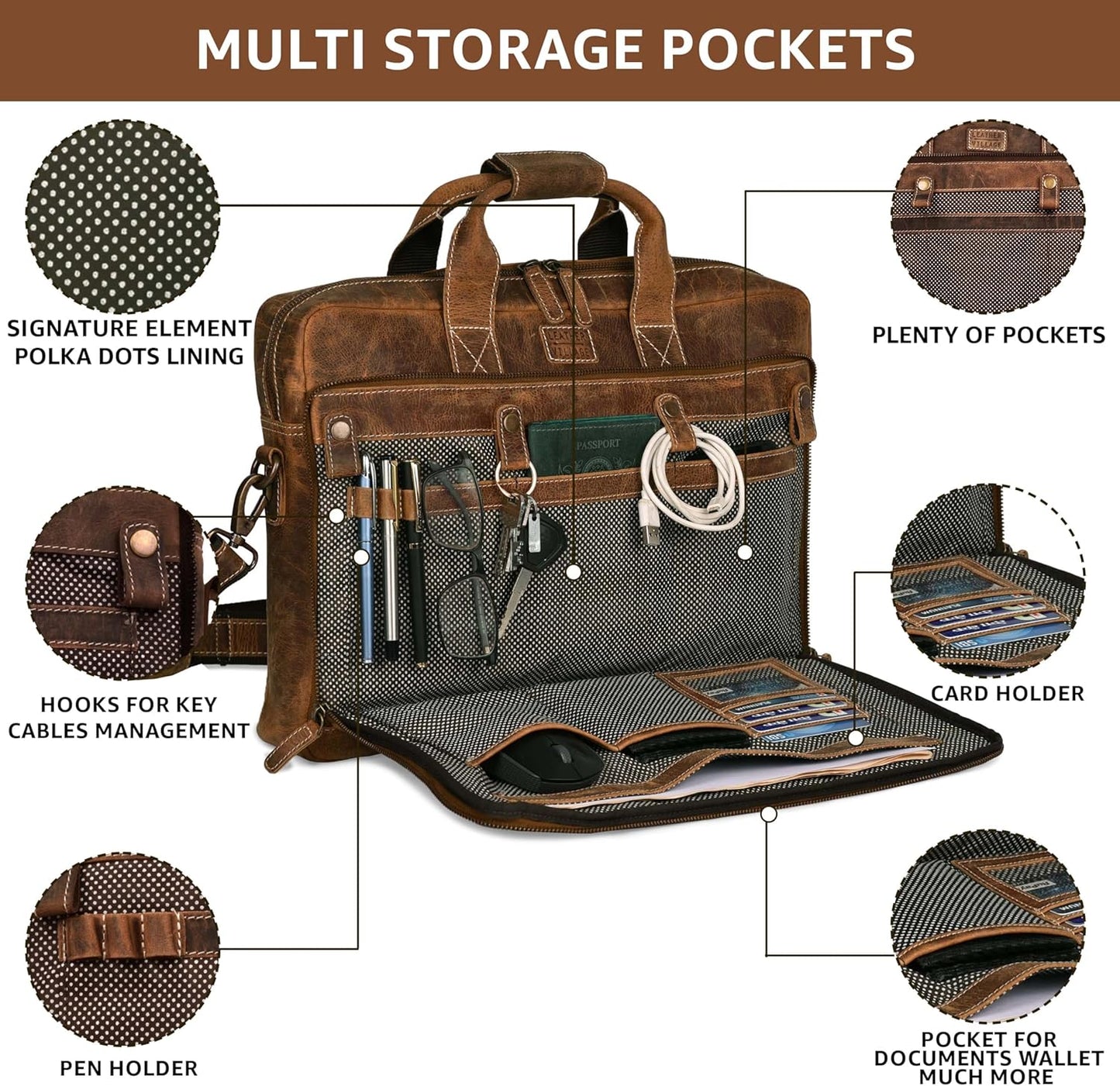 LEATHER VILLAGE 16" Leather Laptop Messenger Briefcase Bag for Men-Leather Satchel for Travel and Office Shoulder Bag- Sun Tan Brown
