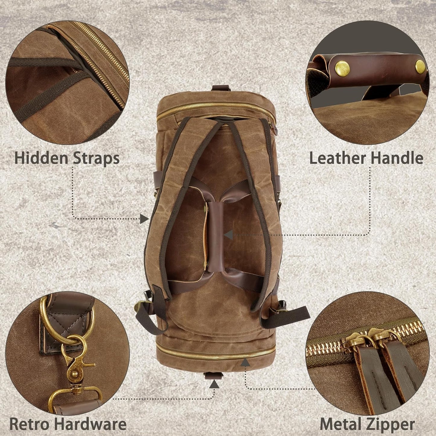 Duffle Bag for Travel, 50L Waxed Canvas Duffle Bag Vintage Travel Bag Overnight Bag with Shoes Compartment Men (Vintage Dark Brown, Large-50L)