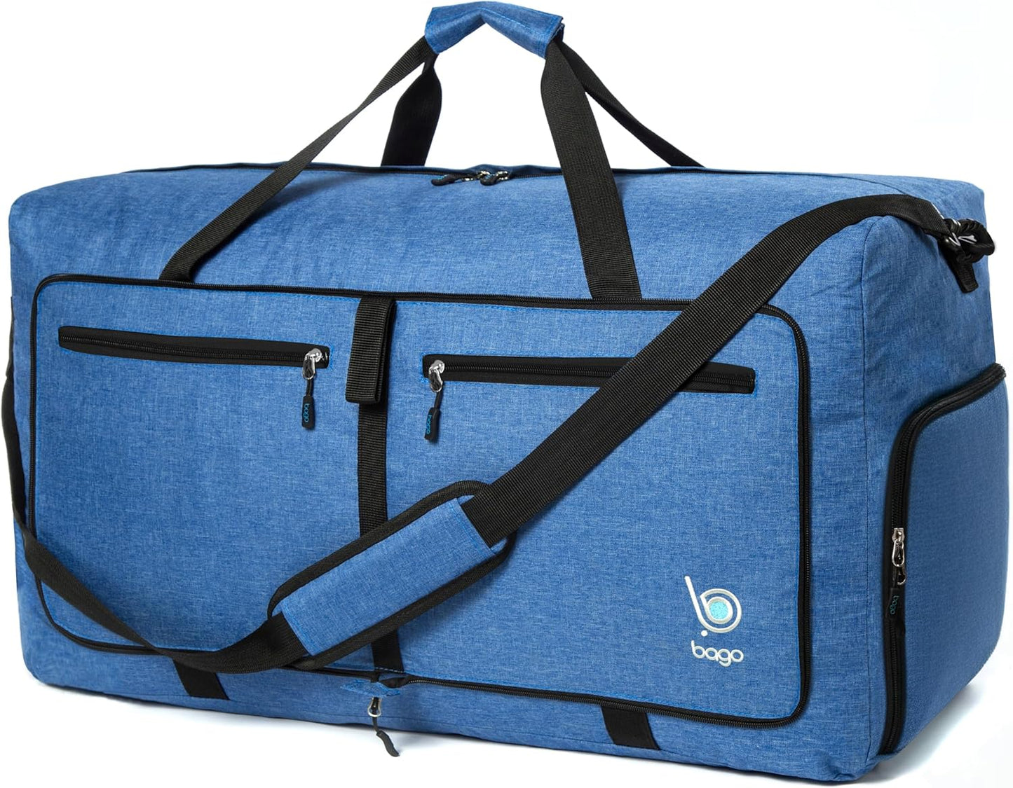 Bago Large Foldable Duffel Bags for Traveling Women & Men - 80L Packable Duffle Bag for Travel with Shoe Compartment - Water Repellant, Heavy Duty, Lightweight Folding & Collapsible (SnowDepBlue)