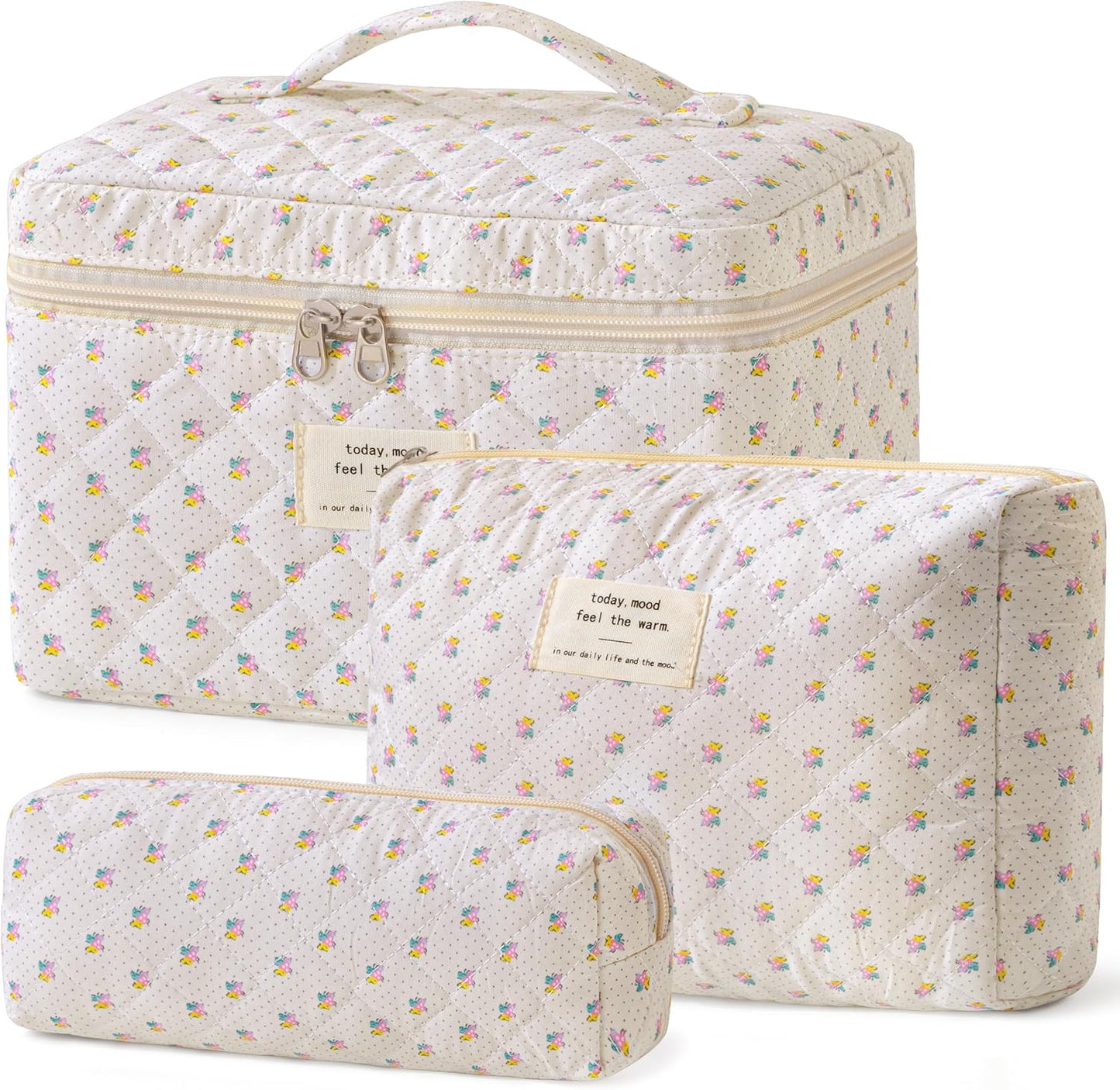 HBselect Quilted Makeup Bag, 3PCS Cotton Large Travel Makeup Bag, Cute Floral Coquette Make up Bag Cosmetic Bag Toiletry Bag for Women Girls