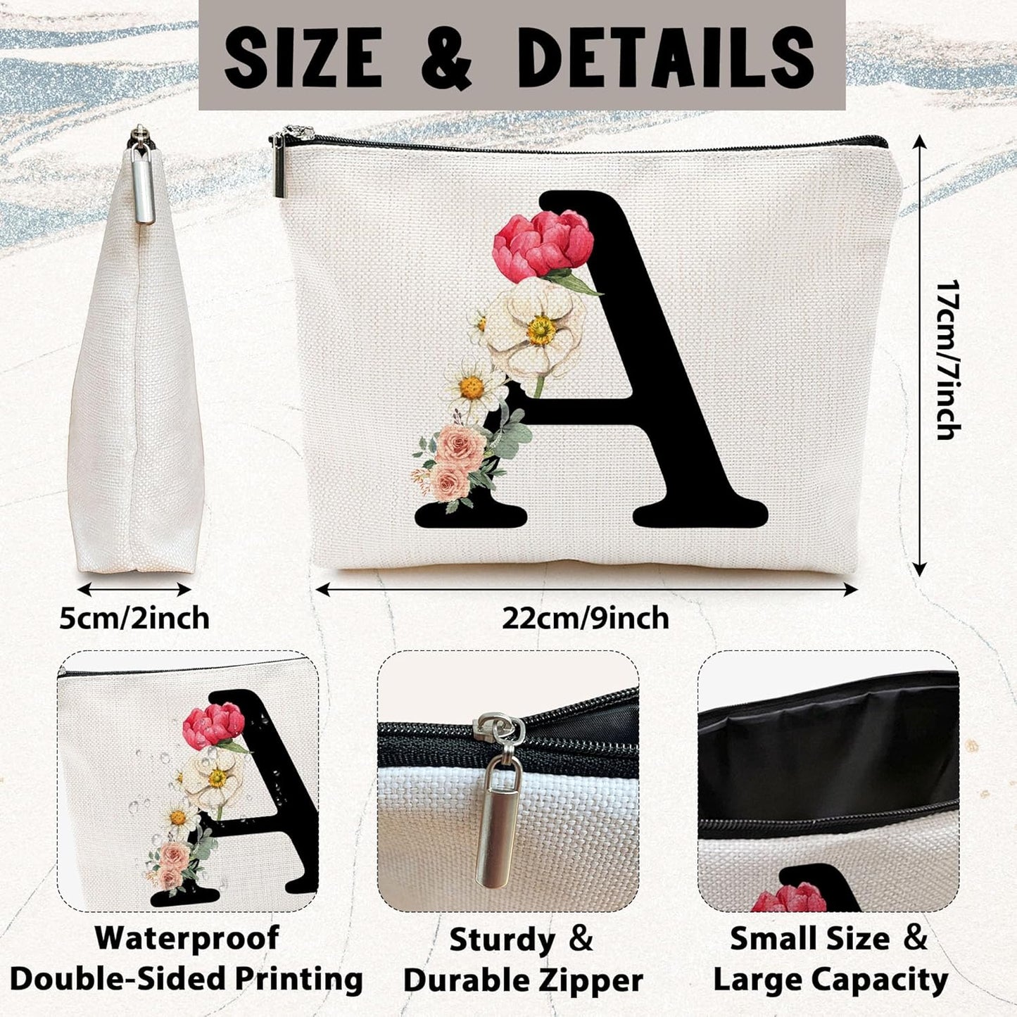 Personalized Letter A Makeup Bag for Women, Birthday Gifts for Mom, Small Zipper Pouch for Purse, Christmas Bridesmaid Friendship Gifts for Sister Daughter, Girls Weekend Gifts for Women-A01