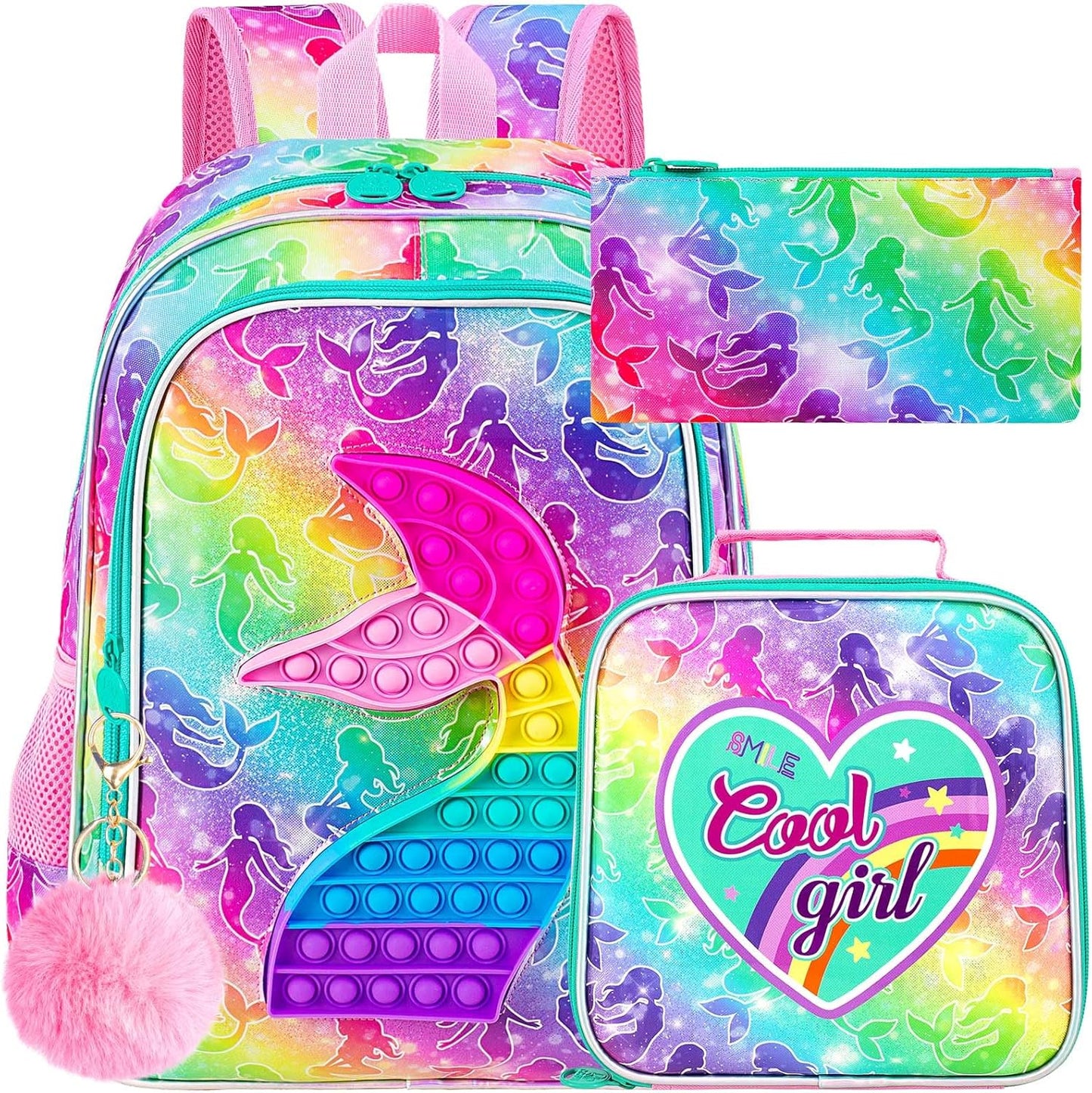 CCJPX 3PCS Mermaid Backpack for Girls, 16”Kids Water Resistant Elementary Preschool Kindergarten School Bookbag with Lunch Box - Pink