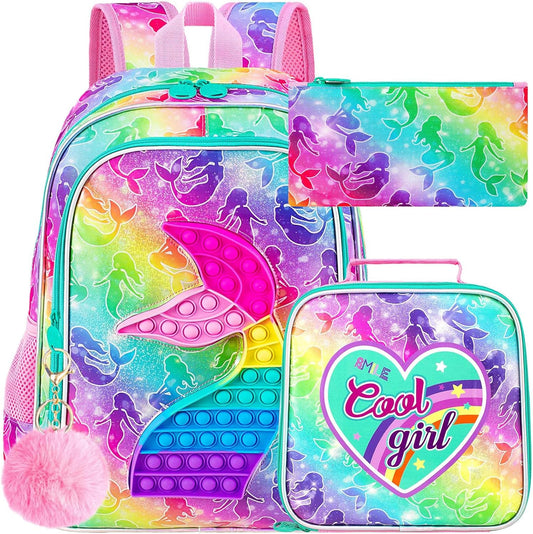 CCJPX 3PCS Mermaid Backpack for Girls, 16”Kids Water Resistant Elementary Preschool Kindergarten School Bookbag with Lunch Box - Pink