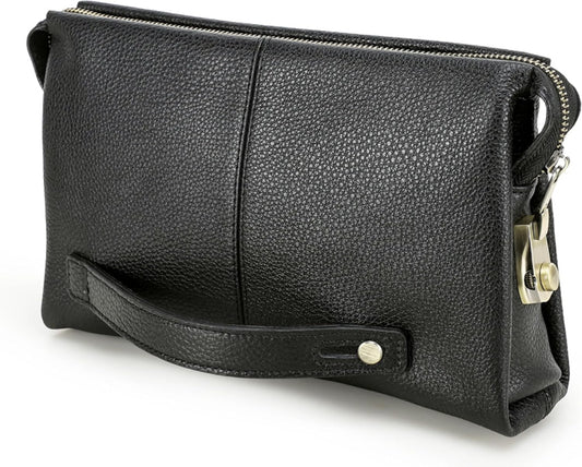 Top Grain Genuine Leather Clutch Wallet Bag for Man & Woman, Handmade Retro Design, Combination Lock & Retractable Strap & Multi Pockets/Slots, Portable RFID for Cards/Checks/Phone/Banknote, Black