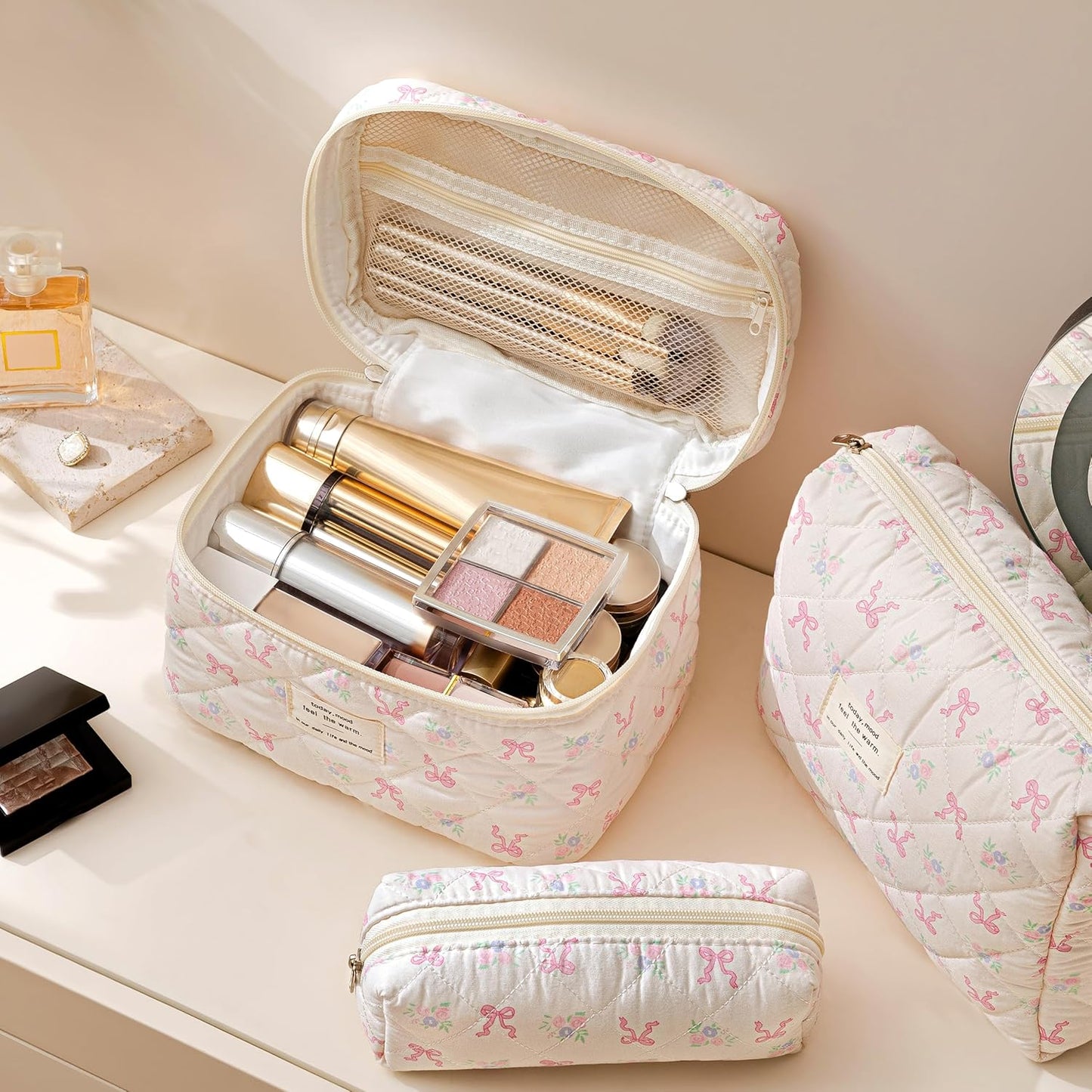HBselect Quilted Makeup Bag, 3PCS Cotton Large Travel Makeup Bag, Cute Floral Coquette Make up Bag Cosmetic Bag Toiletry Bag for Women Girls