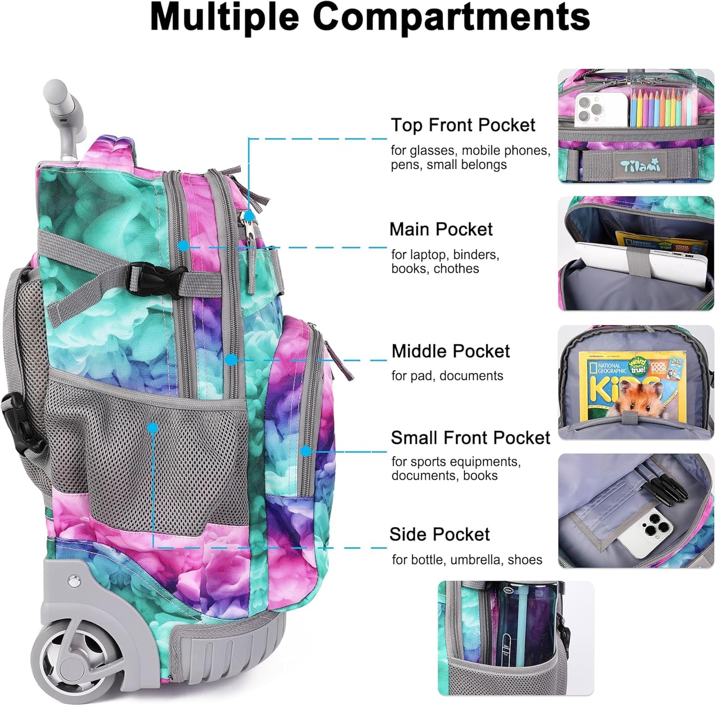 Tilami Rolling Backpack 19 inch with Lunchbox Wheeled Laptop Backpack, Clouds Green