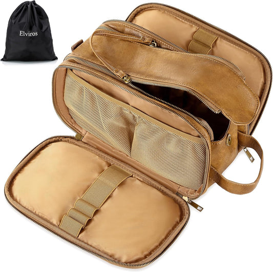 Elviros Toiletry Bag for Men, Large Travel Shaving Dopp Kit Water-resistant Bathroom Toiletries Organizer PU Leather Cosmetic Bags