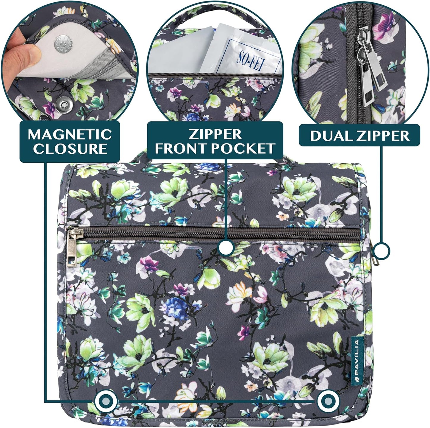 PAVILIA Hanging Toiletry Bag Women Men, Foldable Cosmetic Organizer Travel Bag, Water Resistant