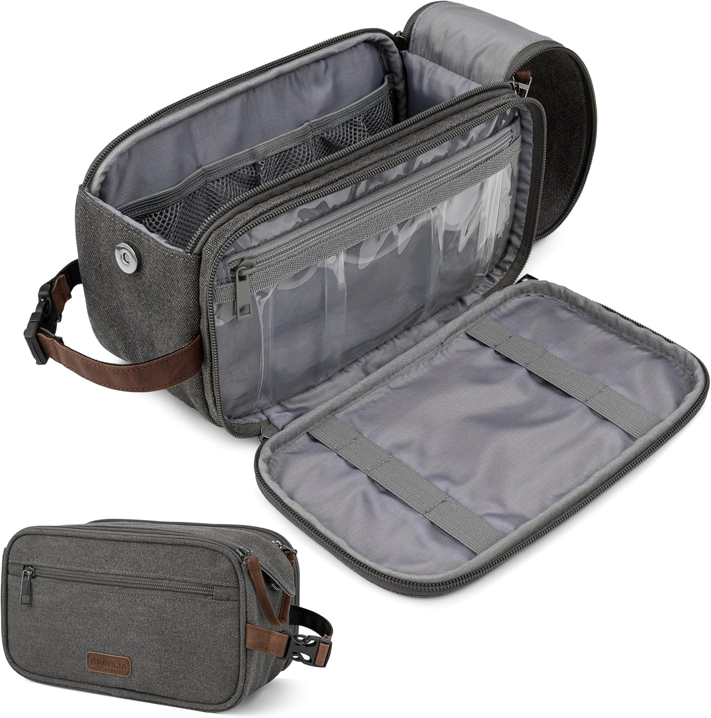 PAVILIA Toiletry Bag for Men Women, Canvas Travel Dopp Kit, Water Resistant Hygiene Bag Toiletries Organizer, Shaving Kit Travel Accessories Bag, Grey