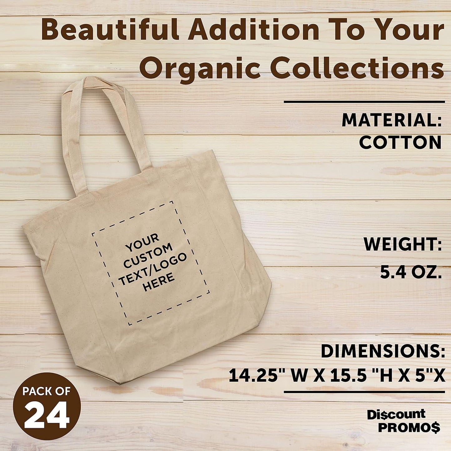DISCOUNT PROMOS Custom Cotton Canvas Tote Bags Set of 100 - Personalized, Reusable, Perfect for Grocery, Promotions, Branding - Natural Color, 14.25"X15.5"X5", 10 OZ Cotton