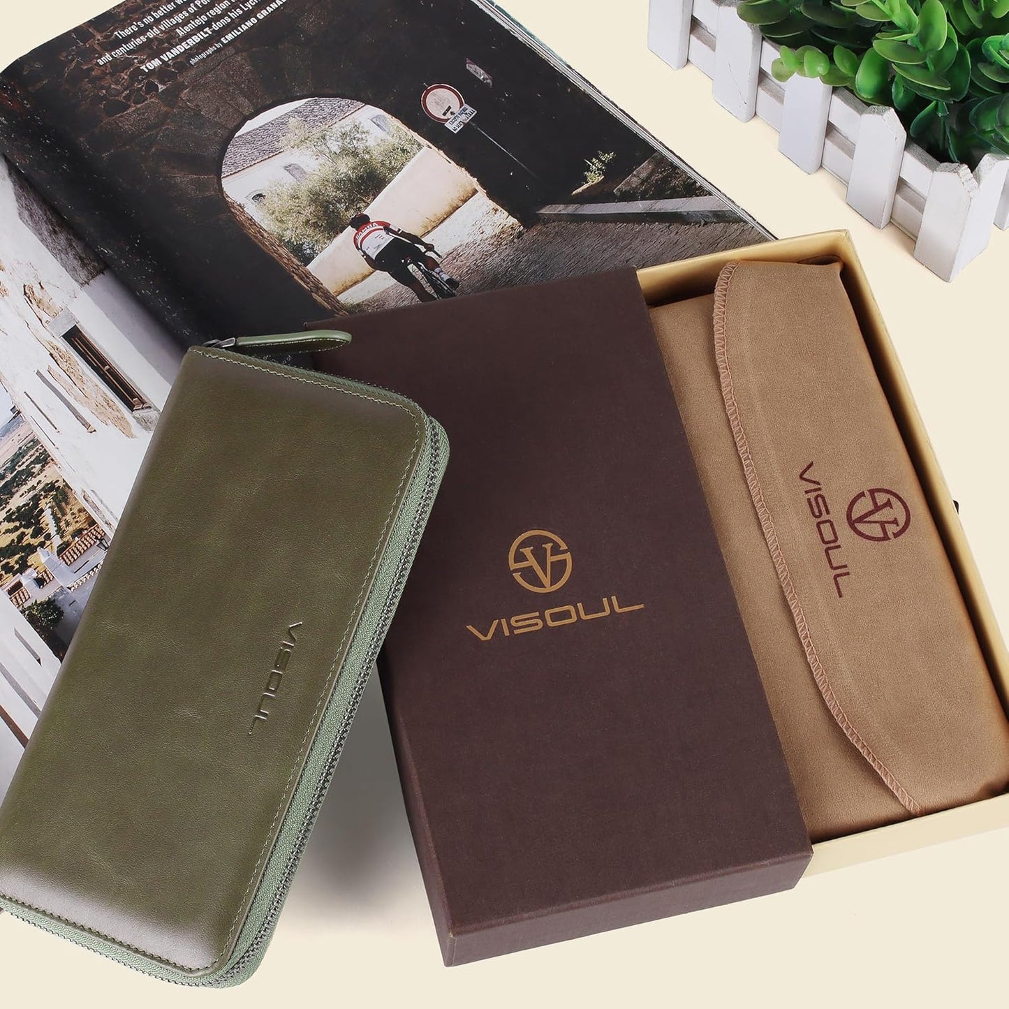 VISOUL Leather Long Zipper Pouch Wallet for Men and Women with RFID Blocking, Large Clutch Cash Long Wallet with Zipper (Olive Green)
