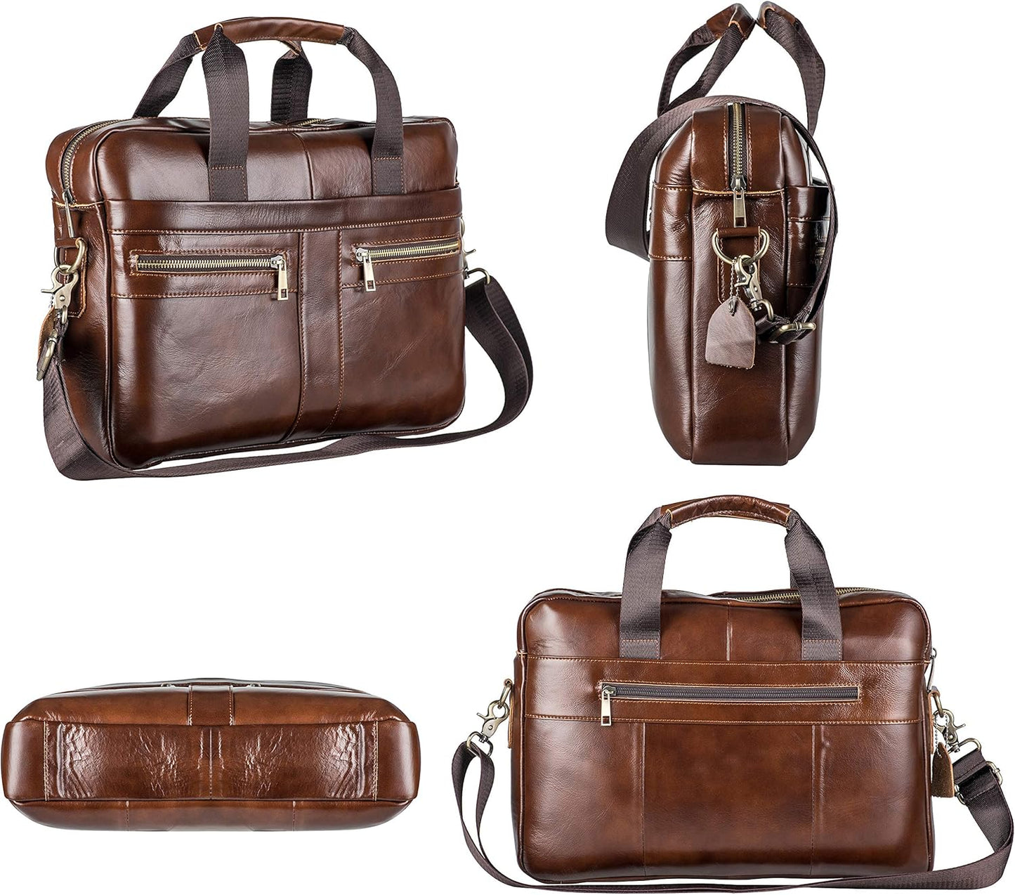 POKOFO Genuine Leather Briefcase Laptop Messenger Bag for Men with Padded Protection Fits 14 Inch Laptop