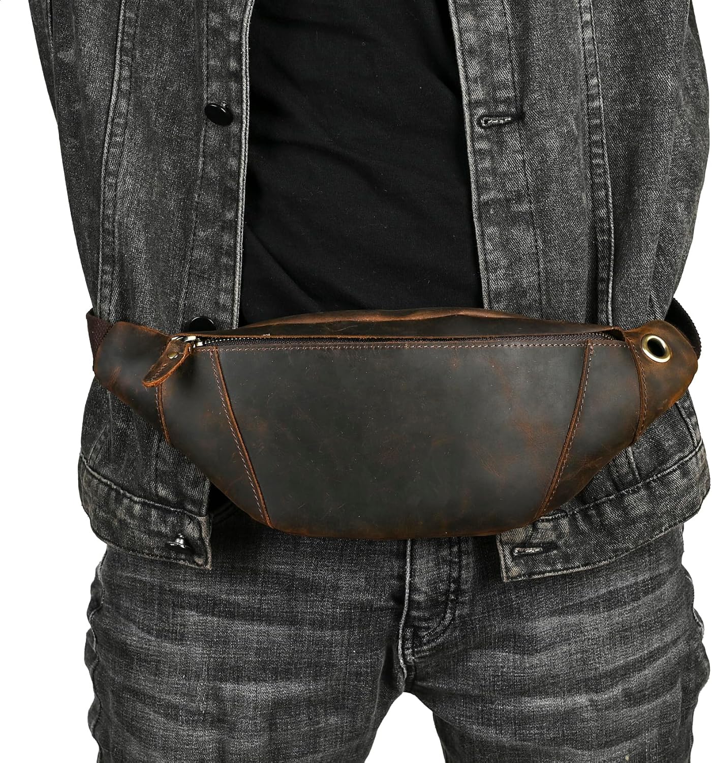 Thick Crazy Horse Leather Hiking Riding Travel Outdoor Belt Bag Fanny Waist Pack Small Phone Pouch For Men Women 380 (385 Brown)
