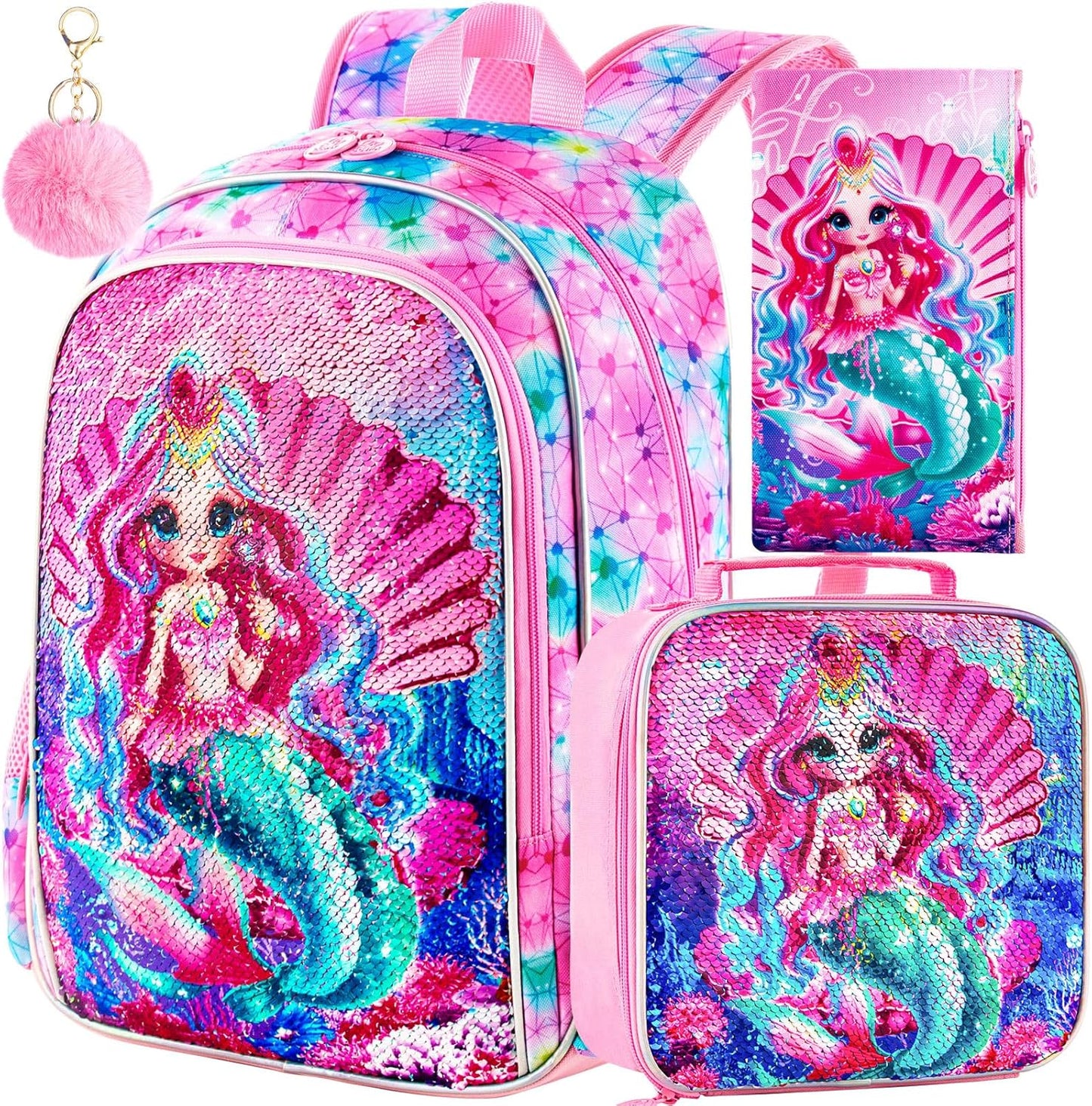 3PCS Kids Backpacks for Girls, 16" Little Kid Preschool School Bookbag and Lunch Box - Unicorn/Mermaid/Flamingo