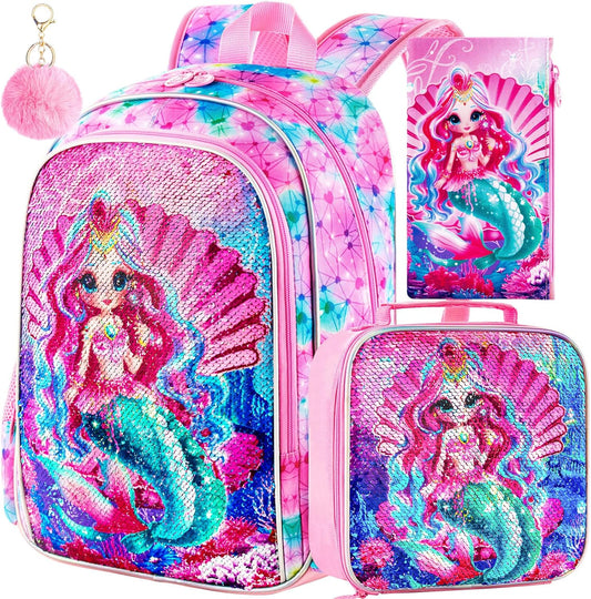 3PCS Kids Backpacks for Girls, 16" Little Kid Preschool School Bookbag and Lunch Box - Unicorn/Mermaid/Flamingo