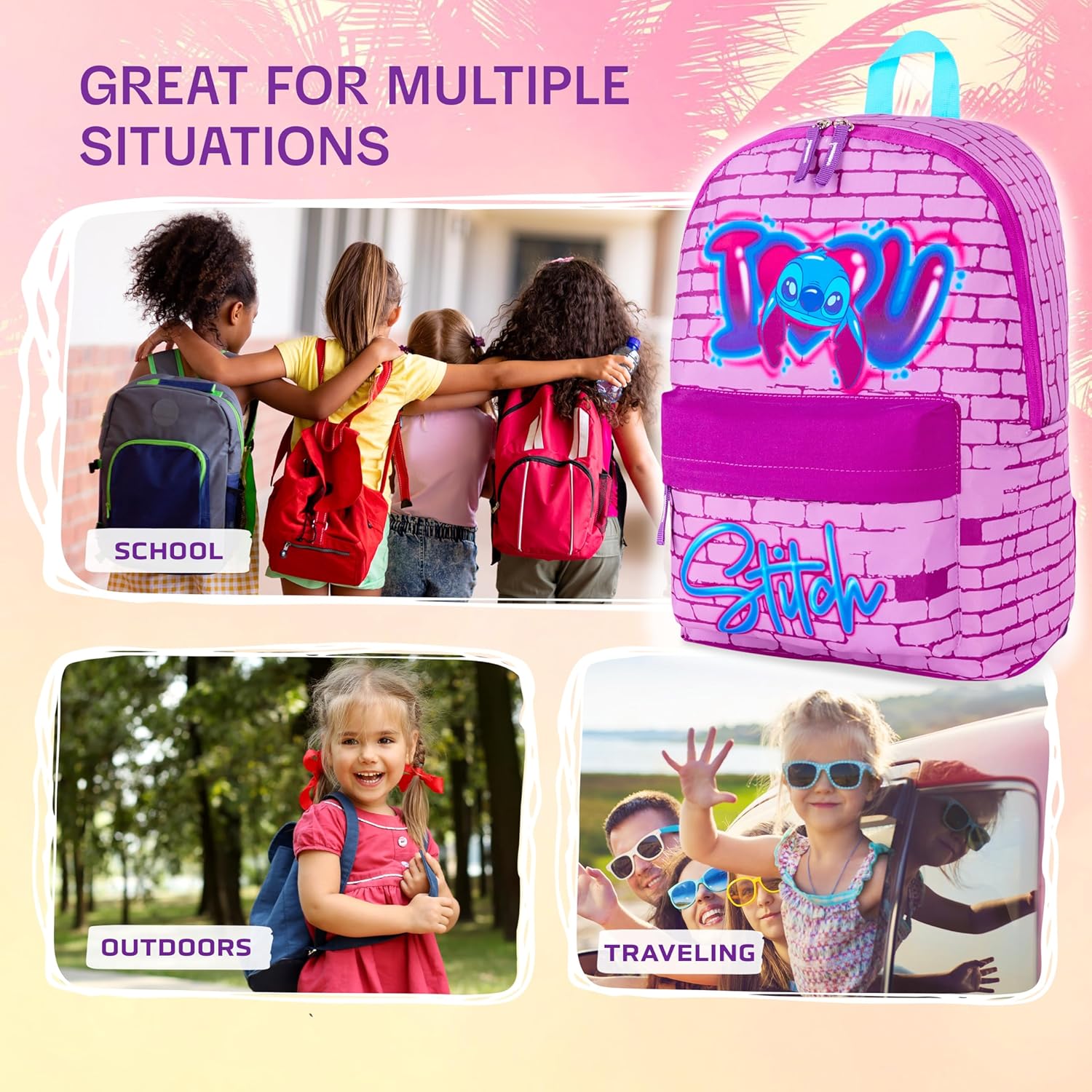 Disney Stitch Backpack for Girls Teens School Bag Kids Book Bag School Supplies Gifts (Pink)