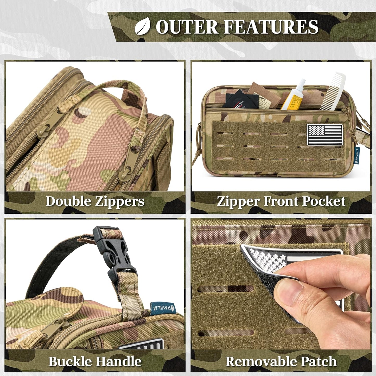 PAVILIA Extra Large Tactical Toiletry Bag for Men, Travel Hygiene Bag, Military Gear Dopp Kit, Molle Accessories Pouch, Shaving Grooming Essentials Gym Bathroom Shower Toiletries Tool EDC, Camo XL