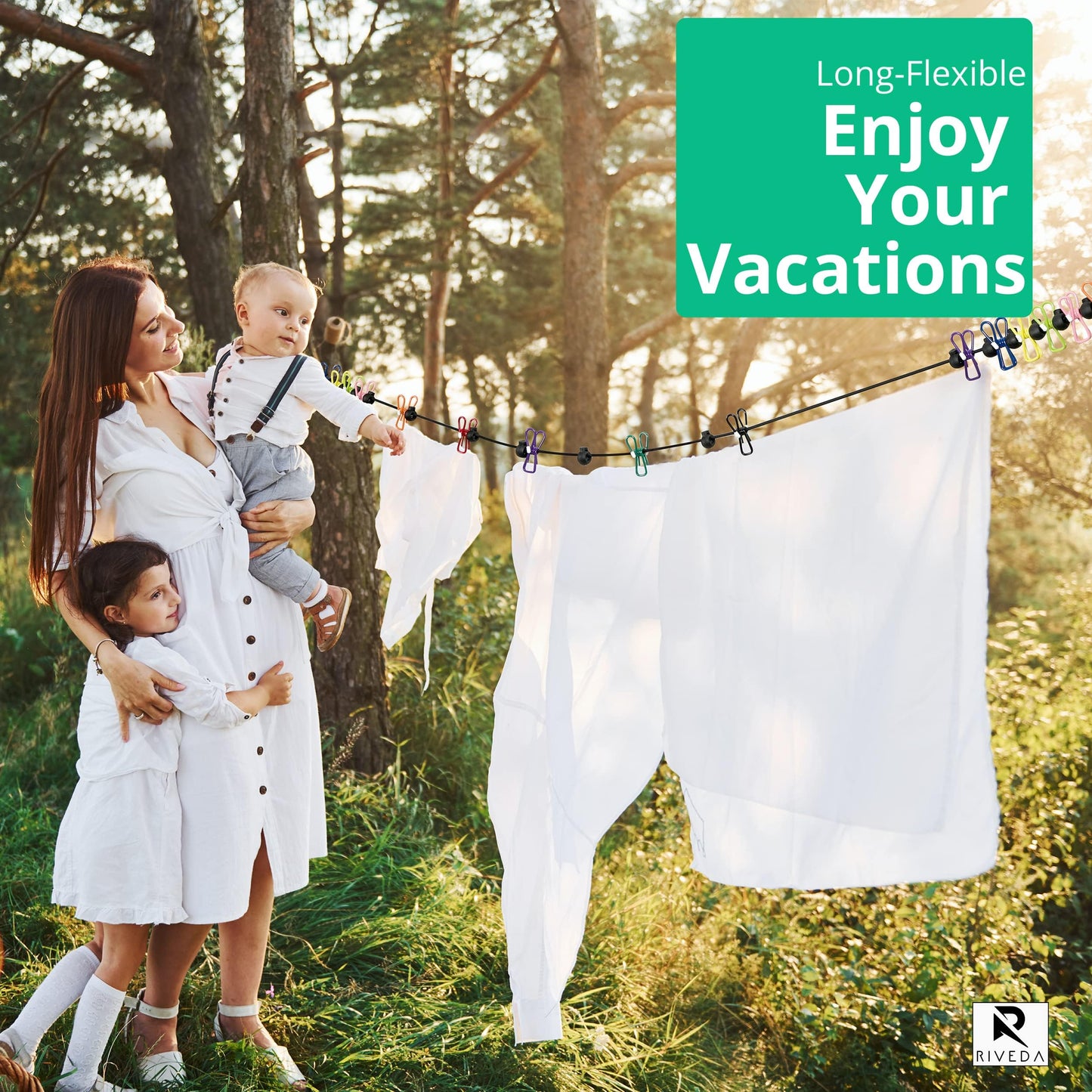 Portable Travel Clothesline with 12 Colorful Clips & Bag, Elastic RV & Camping Clothes Line for