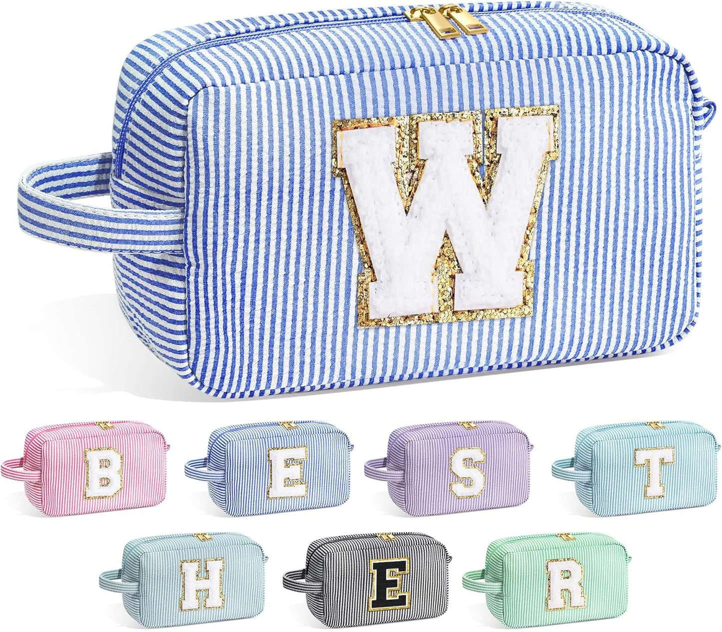YOOLIFE Teen Girls Makeup Bag - Monogram Makeup Bags Cosmetic Toiletry Pouch Make Up Case for Women Her Best Friend Friendship Sister Teacher, Personalized Birthday Gifts for Women, Blue W