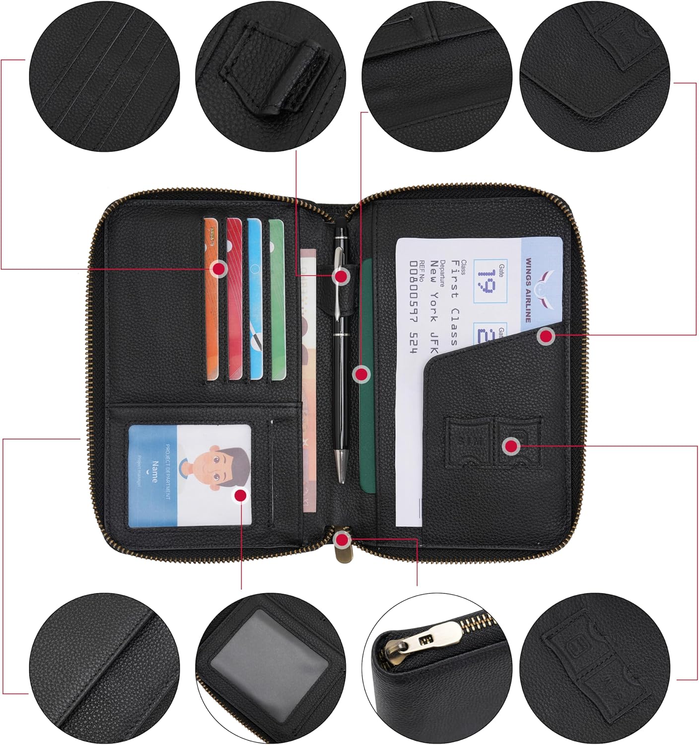 WASON Leather Zipper Travel Passport Wallet Holder RFID Blocking Cover, Passport case Pocket Slot for Card, Cash, ID, Boarding Pass and Ticket for Men, Women and Family Trips (Black)