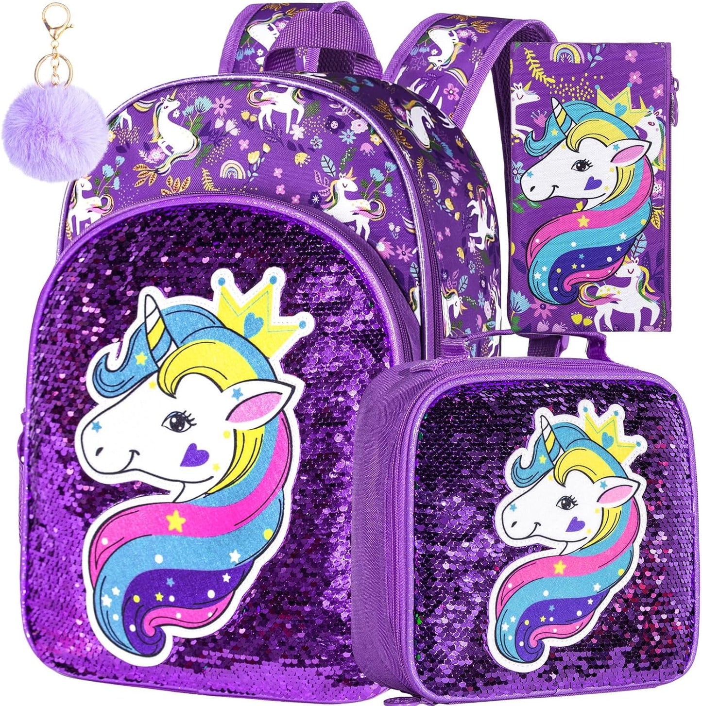 3PCS Kids Backpacks for Girls, 16" Little Kid Preschool School Bookbag and Lunch Box - Unicorn/Mermaid/Flamingo