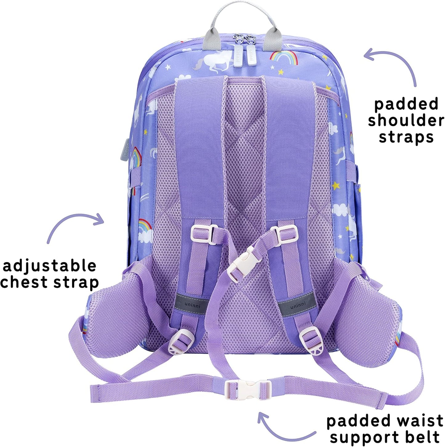uninni 16" Kid's Backpack for Girls and Boys Age 6+ with Padded, and Adjustable Shoulder Straps. Fits for Height 3'9" Above Kids (Unicorn Purple)