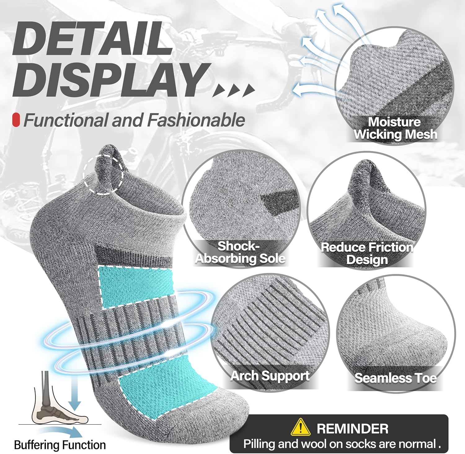 6 Pairs Merino Wool Ankle Running Hiking Socks Compression Support Breathable Thick Cushion No Show
