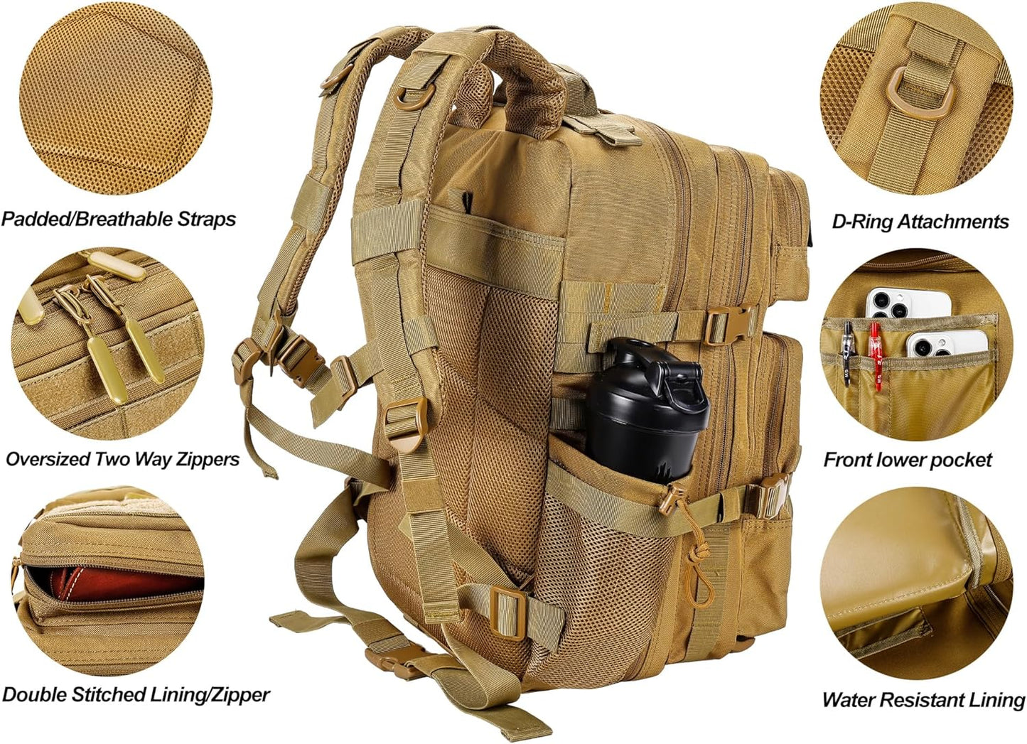 LHI Military Tactical Backpack for Men and Women 45L Army 3 Days Assault Pack Bag Large Rucksack with Molle System - Khaki