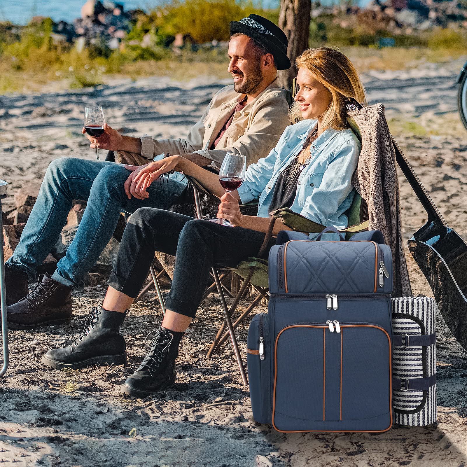 Picnic Backpack for 4, Insulated Cooler Bag with Blanket, Navy Blue