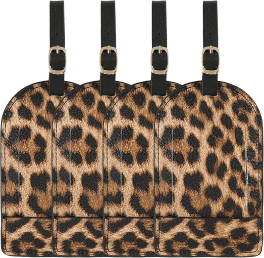 Vegan Leather Luggage Tags for Suitcase Tag Set Privacy Protection with Identifie Name Lable ID Card Baggage tag for Men Women Travel Accessories, 2/4 Pack (LT06-Leopard*4)