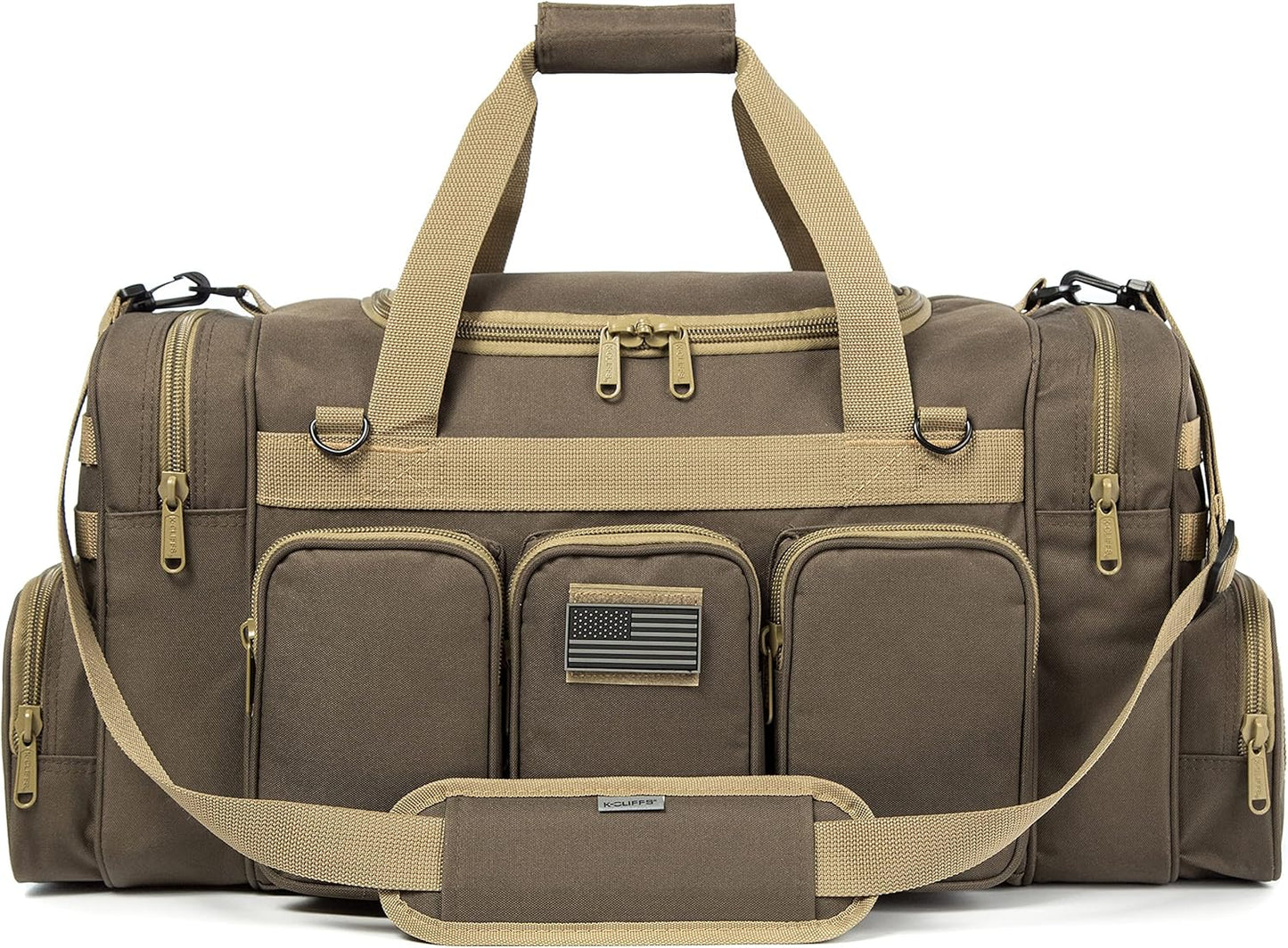 Tactical Range Duffel Heavy Duty Military Molle Gear Travel Sports Gym Bag Lockable Zippers with US Flag Patch (27 In Khaki)