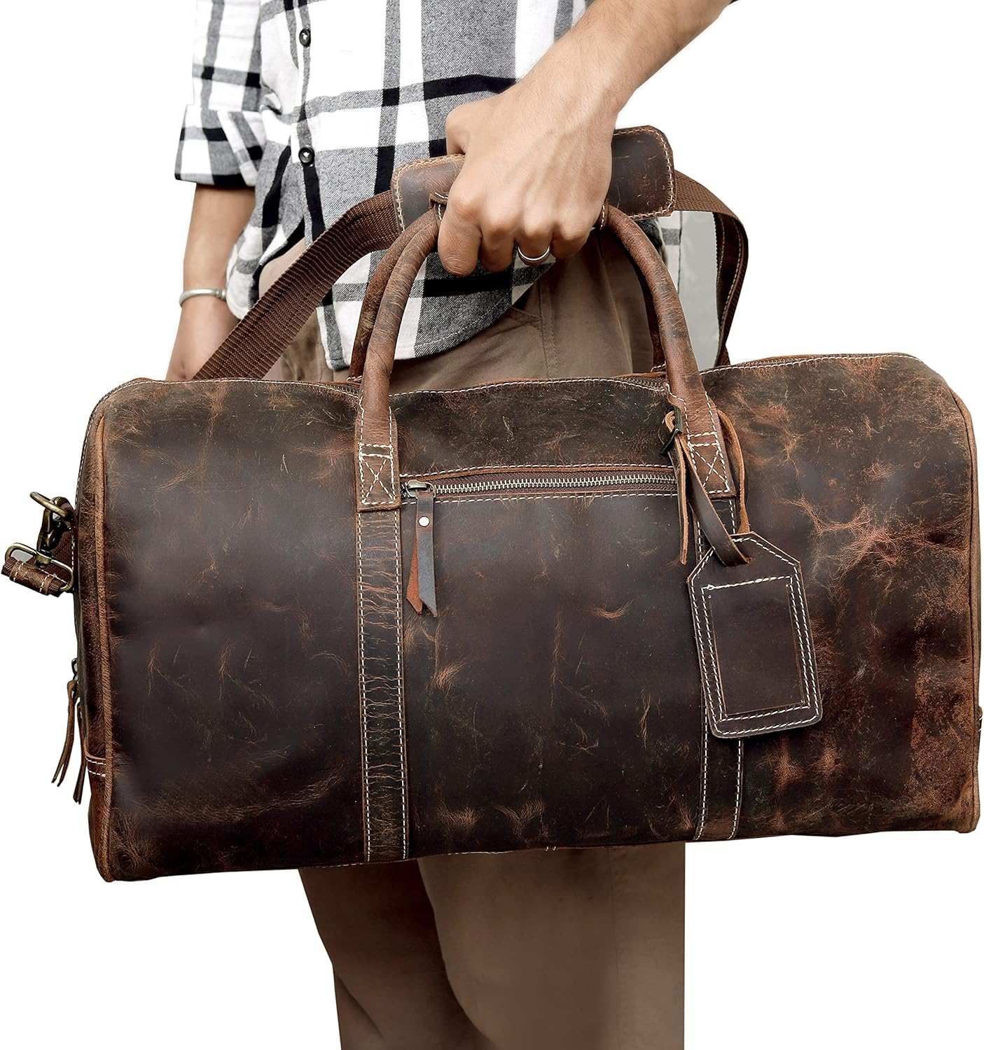 Leather 24 Inch Duffle Bag for Men and Women Large Carry On Luggage Weekender Travel Overnight Gym Sports Bag for Airplanes