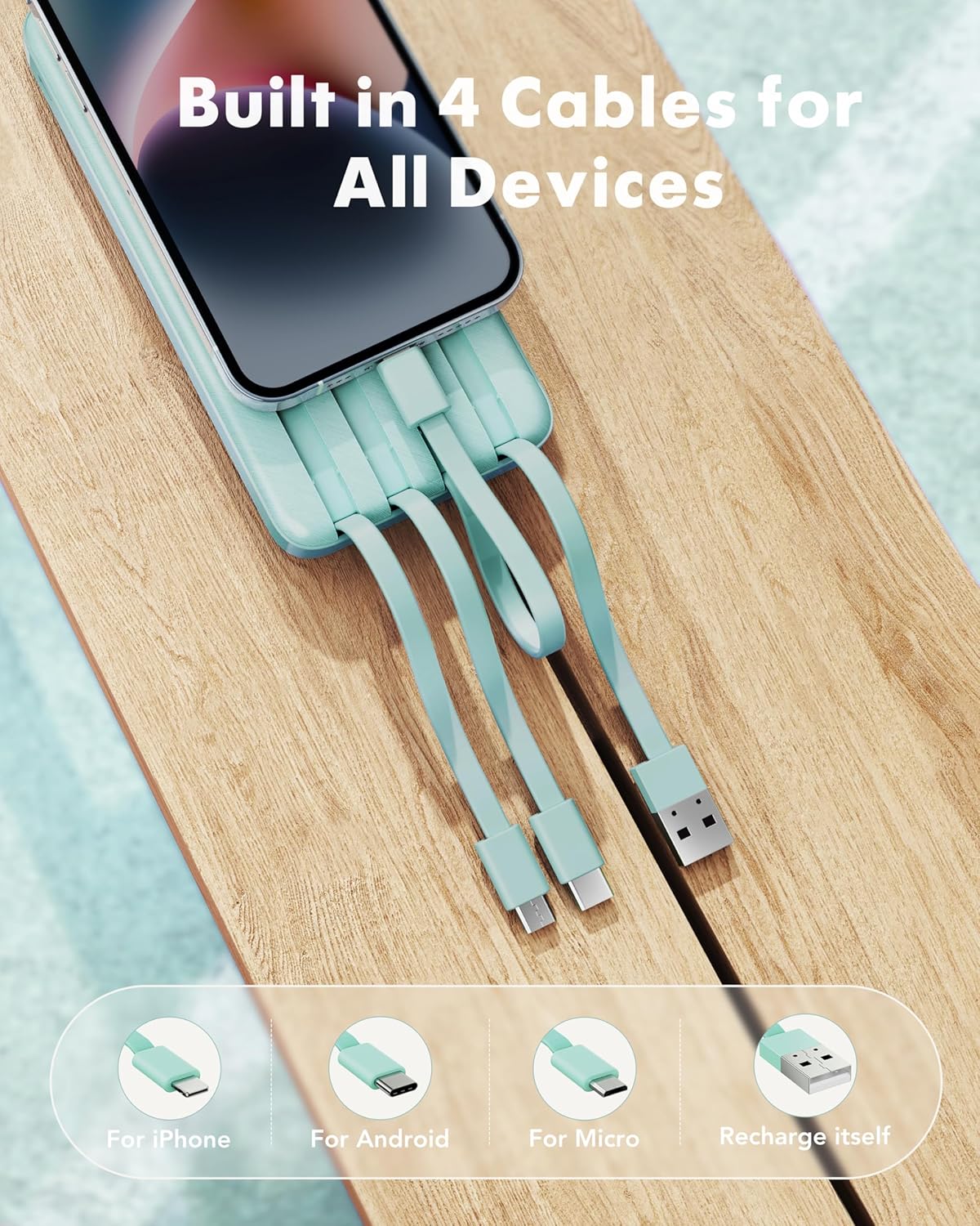 charmast Portable Charger with Built in Cables, Power Bank with Cords Wires, Slim 10000mAh Travel Battery Pack 6 Outputs 3 Inputs 5A Fast Charging for Samsung Google Pixel LG Moto iPhone iPad