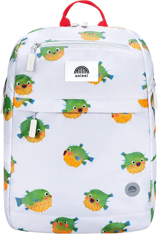 uninni 16" Kid's Backpack for Girls and Boys Age 6+ with Padded, and Adjustable Shoulder Straps. Fits for Height 3'9" Above Kids (Puffer Fish Light Gray)