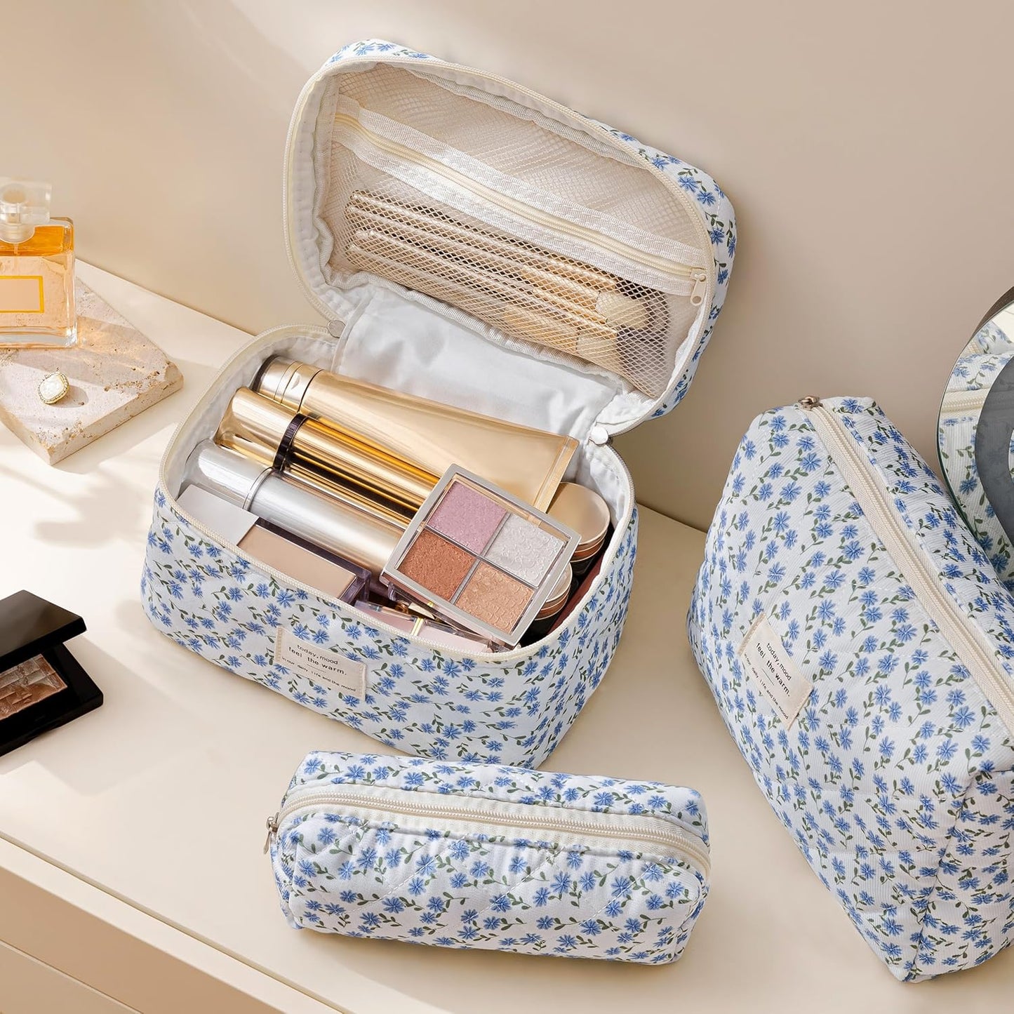 HBselect Quilted Makeup Bag, 3PCS Cotton Large Travel Makeup Bag, Cute Floral Coquette Make up Bag Cosmetic Bag Toiletry Bag for Women Girls