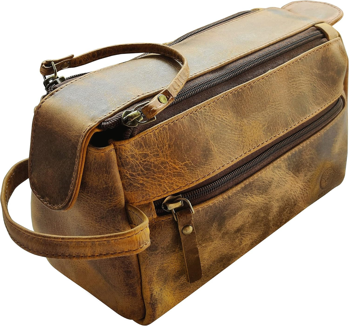 RUSTIC TOWN Buffalo Leather Toiletry Bag : Vintage Travel Shaving & Ditty Kit : for Toiletries, Cosmetics & More : Spacious Interior & Waterproof Lining : Compact, Fits Easily in Luggage