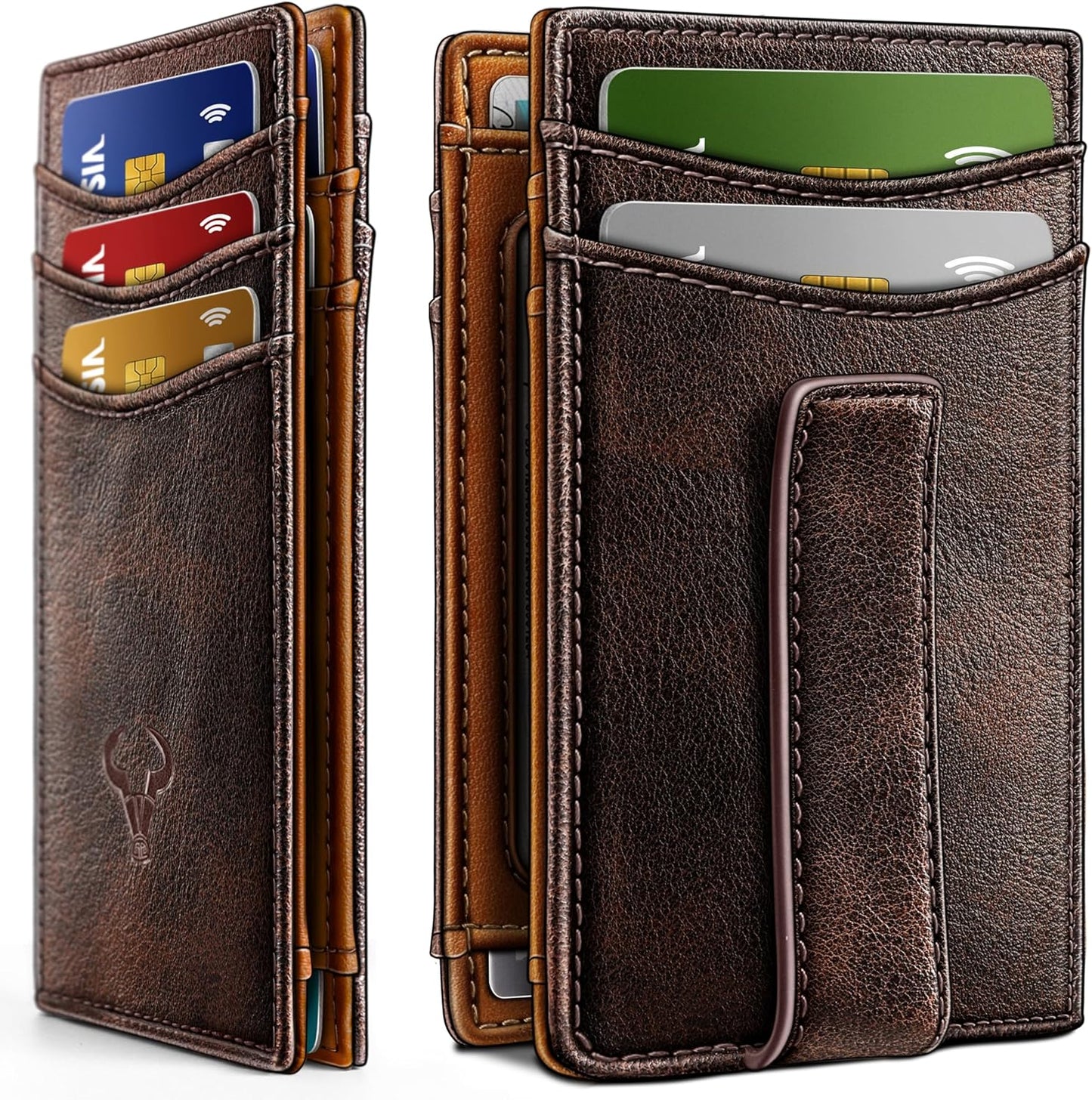 BULLIANT Magnetic Closure Slim Wallet-Genuine Leather Front Pocket Wallet for Men,RFID Blocking,Holds 12 Cards and Money Clip