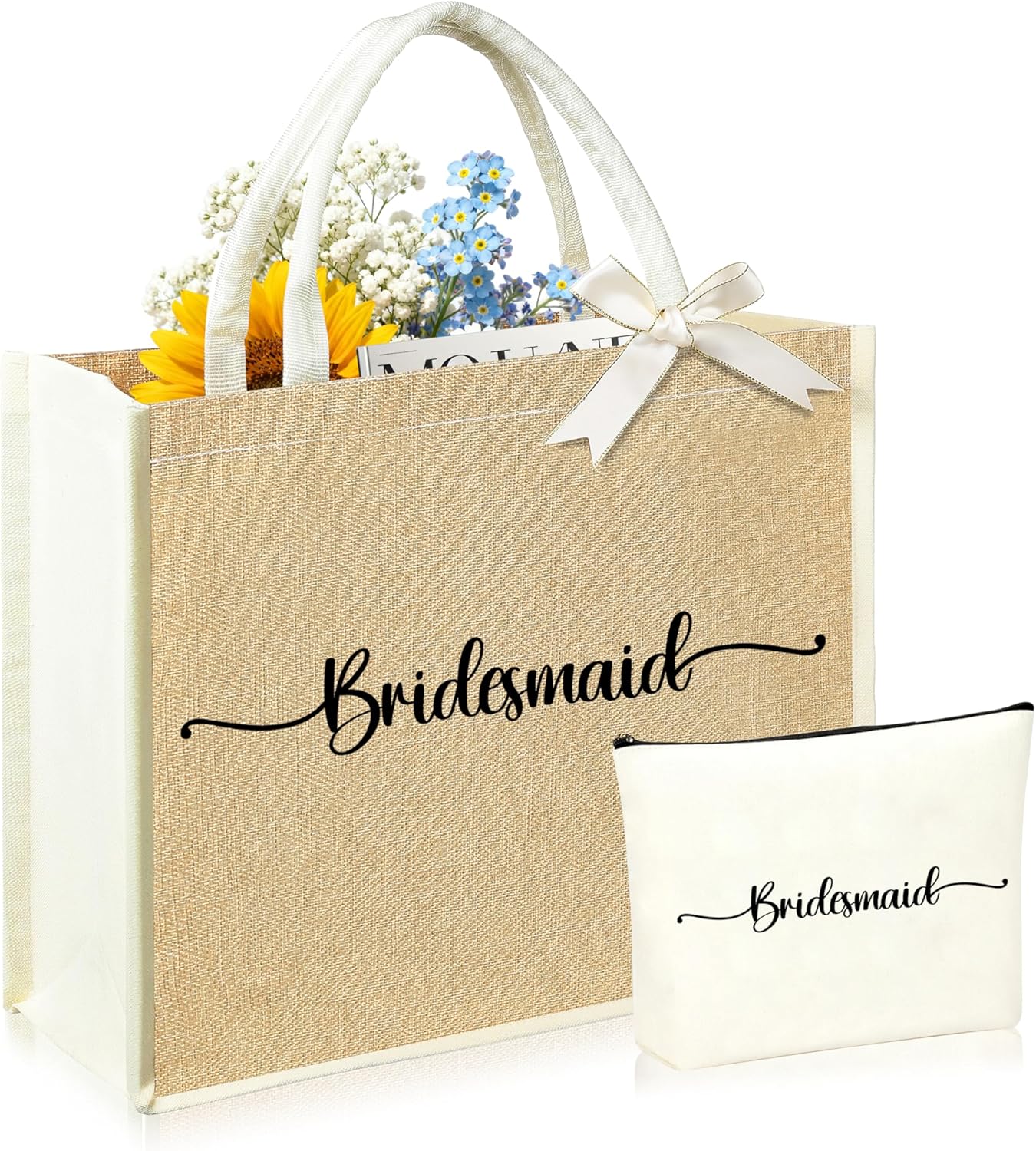 Initial Canvas Tote Bag & Makeup Bag for Women Teacher Bridesmaids，Personalized Present for Wedding, Birthday, Beach
